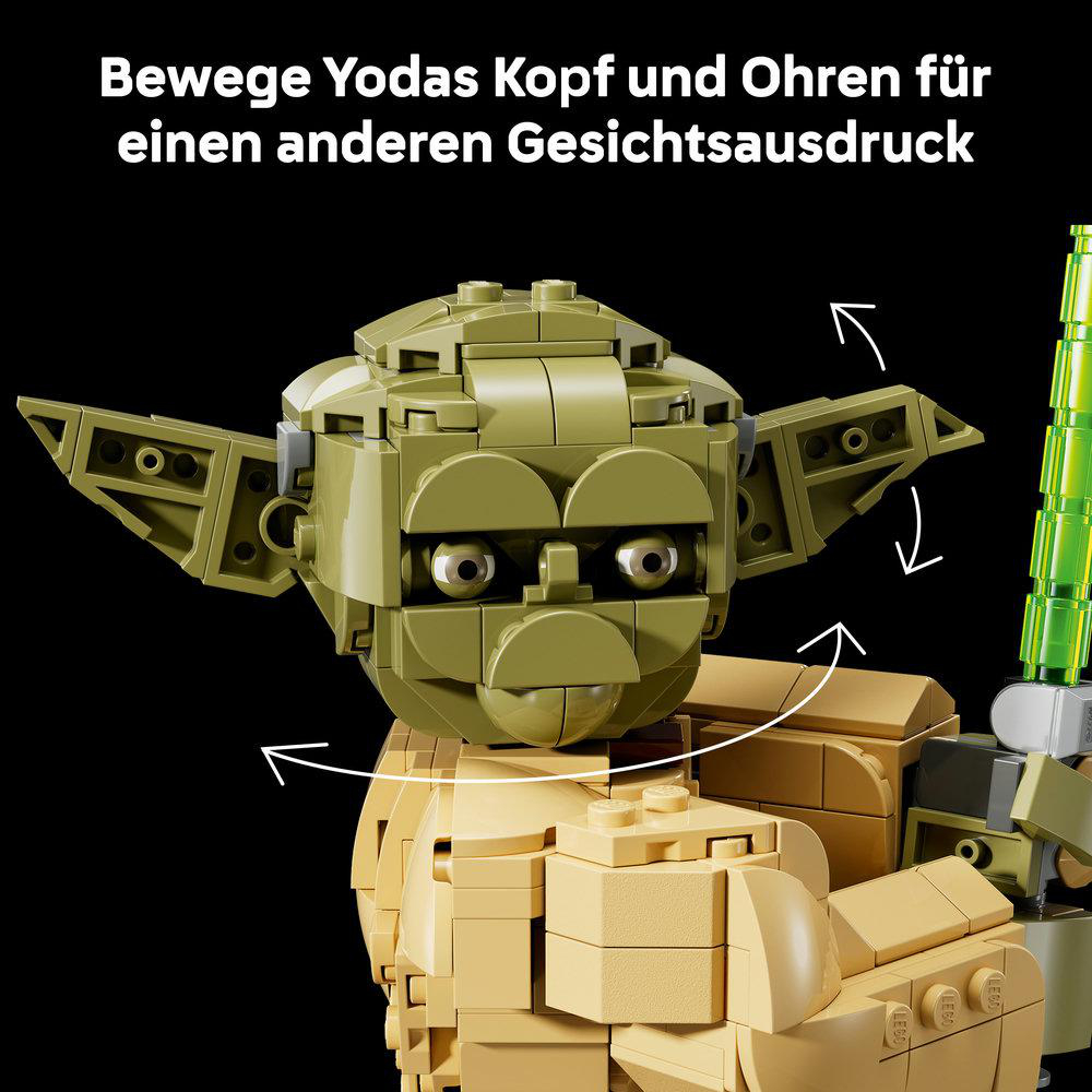 LEGO Yoda Kopf mit beweglichen Ohren und einem grünen Lichtschwert.
