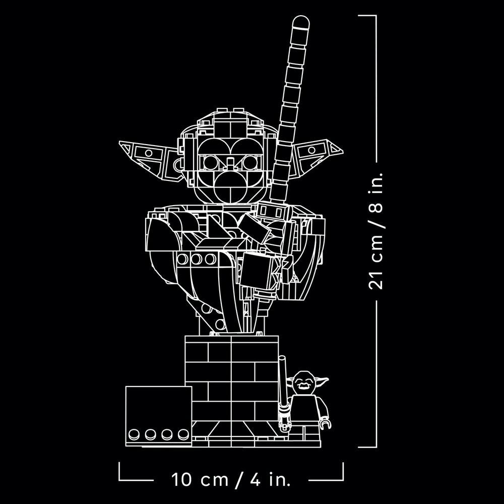 Eine weiße Umrisszeichnung zeigt eine Lego-Figur von Yoda und eine kleinere Minifigur.
