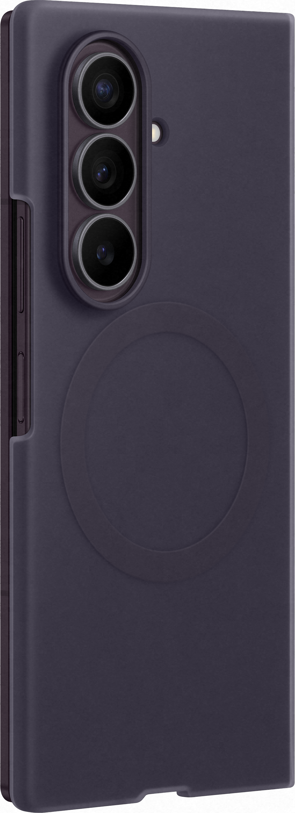 Custodia per telefono grigio scuro con ritaglio tripla fotocamera e accento circolare.