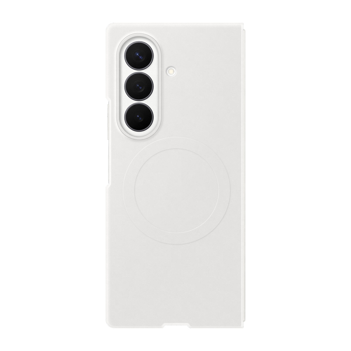 Üç kamera lensli ve dairesel tasarımlı beyaz telefon kılıfı.