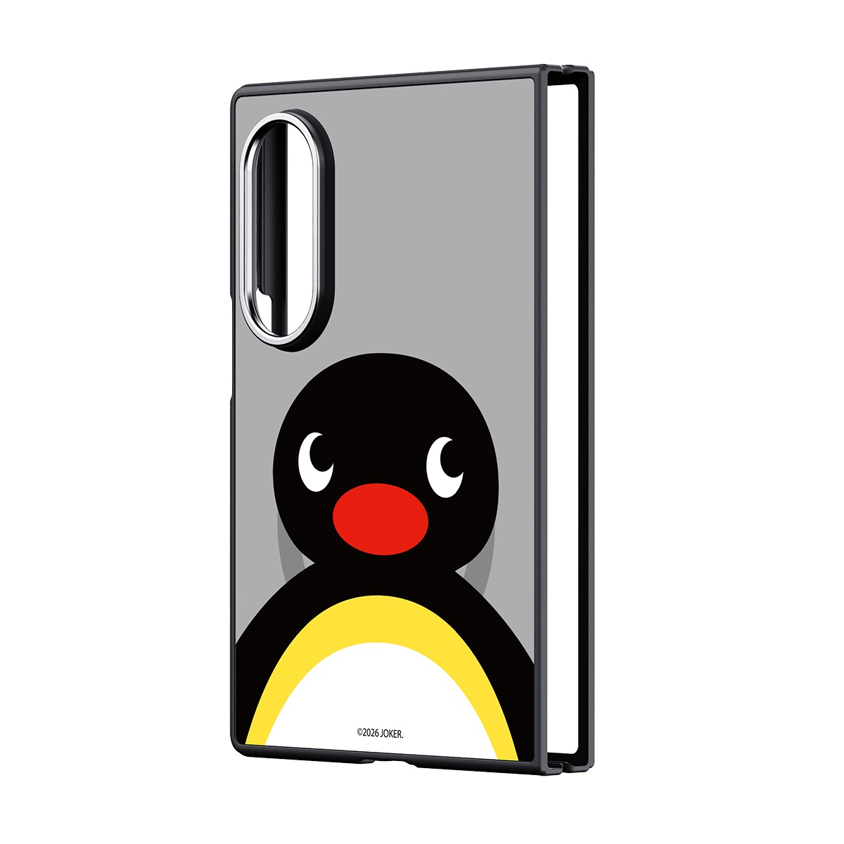 Kırmızı burunlu çizgi film penguenli gri telefon kılıfı.