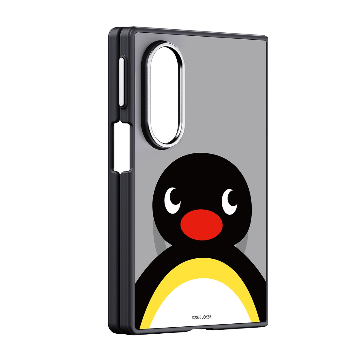Kırmızı burunlu ve sarı karınlı çizgi film penguenli gri telefon kılıfı.