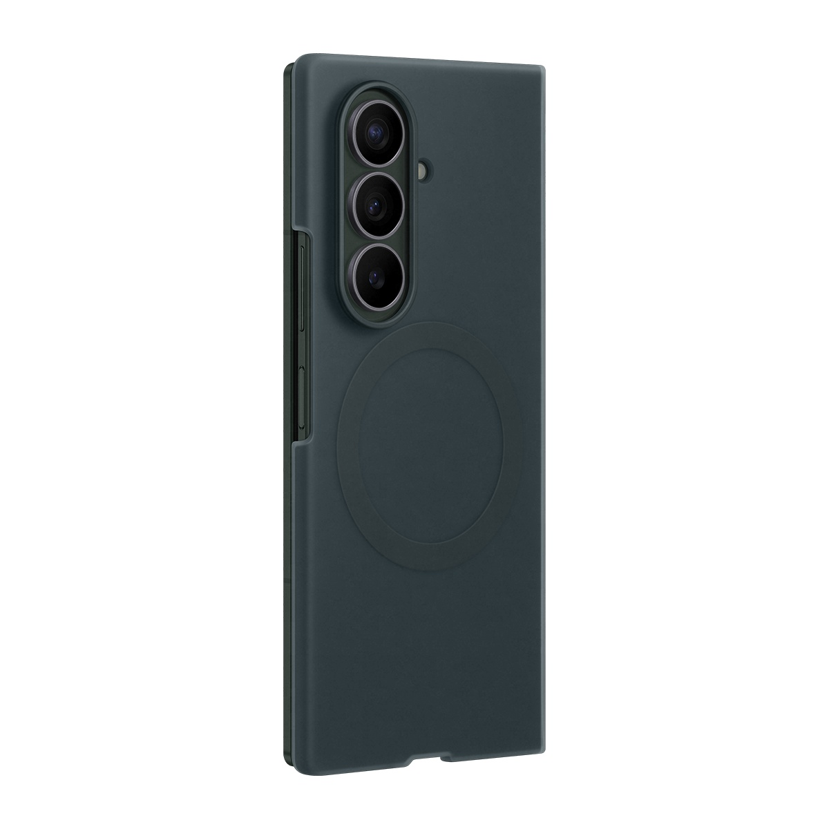 Üç kamera lensli ve manyetik halkalı koyu gri telefon kılıfı.