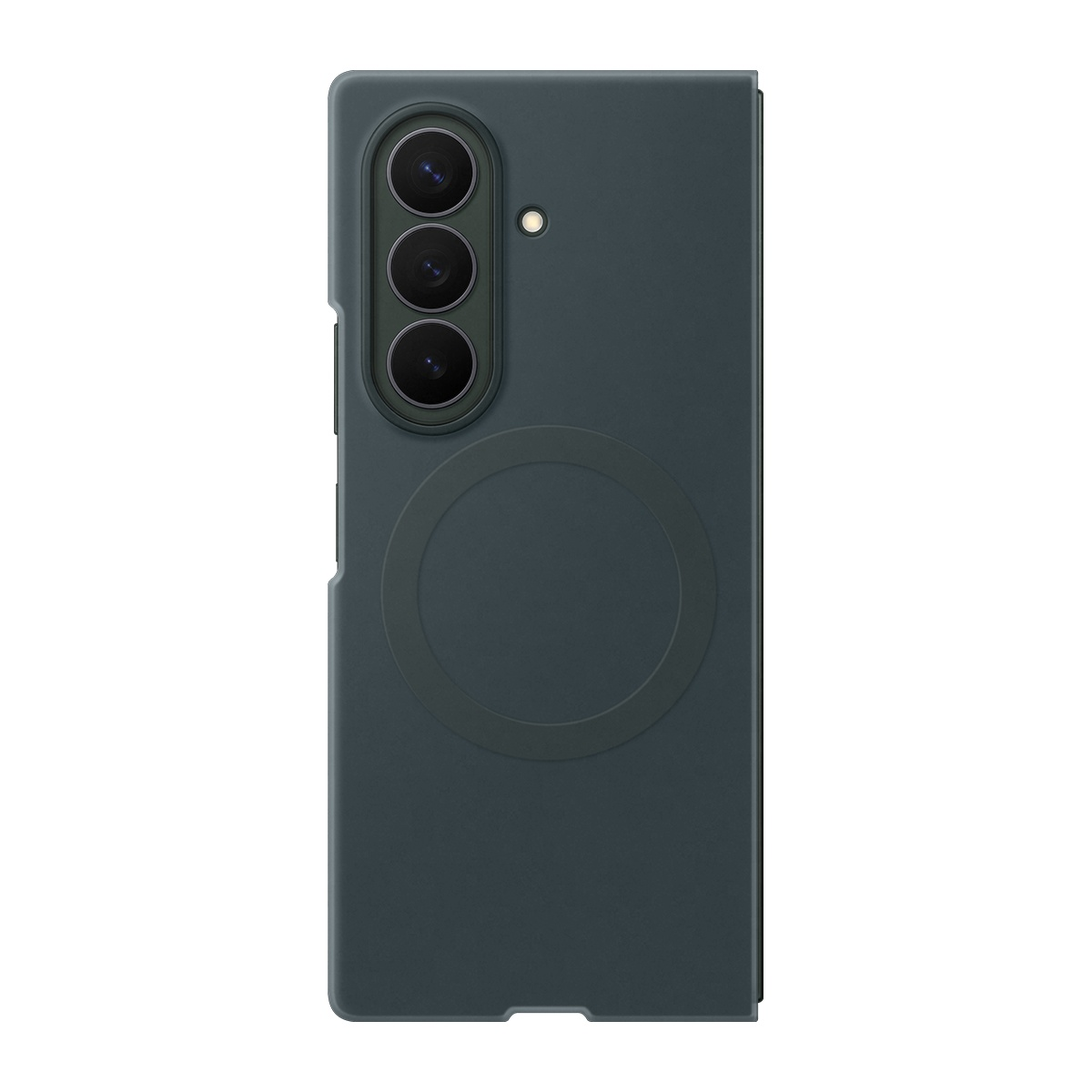 Üç kamera lensli ve dairesel halkalı koyu gri telefon kılıfı.