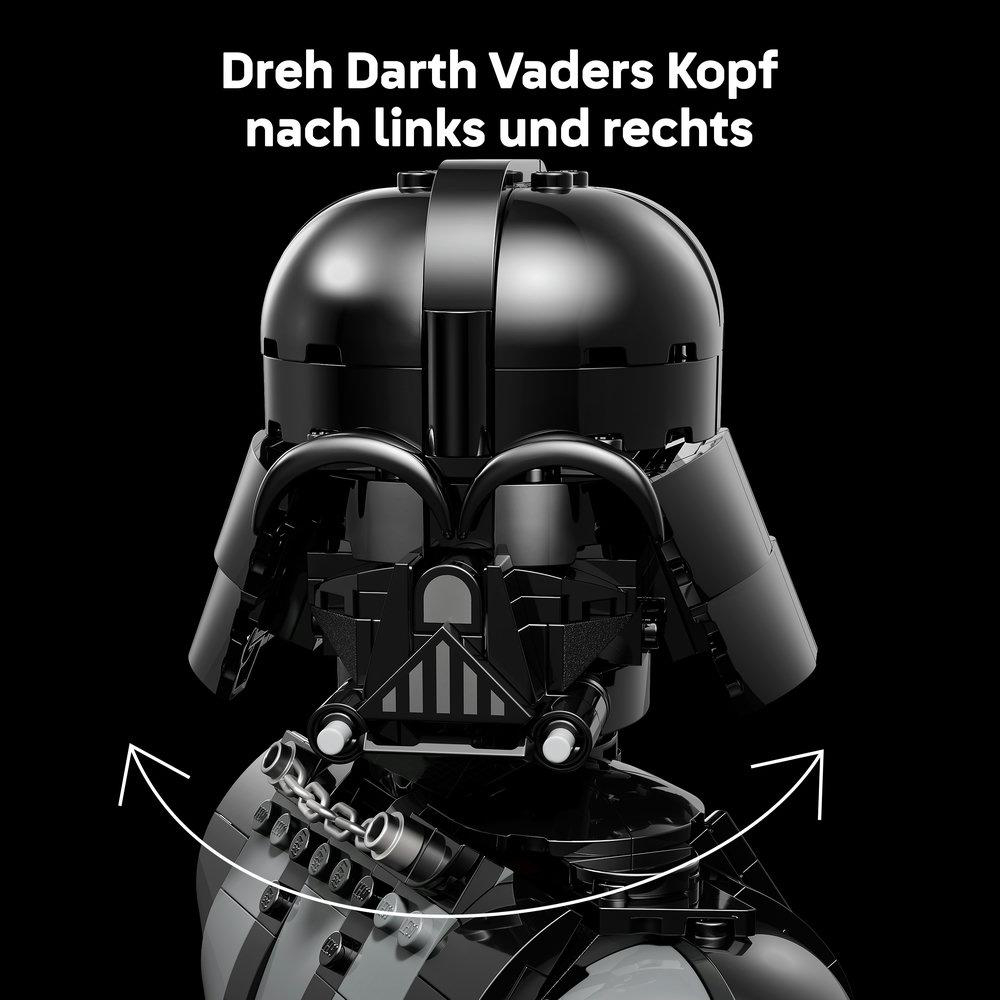 Ein LEGO Darth Vader Helm mit seitlichen Pfeilen, die Drehbewegungen zeigen.