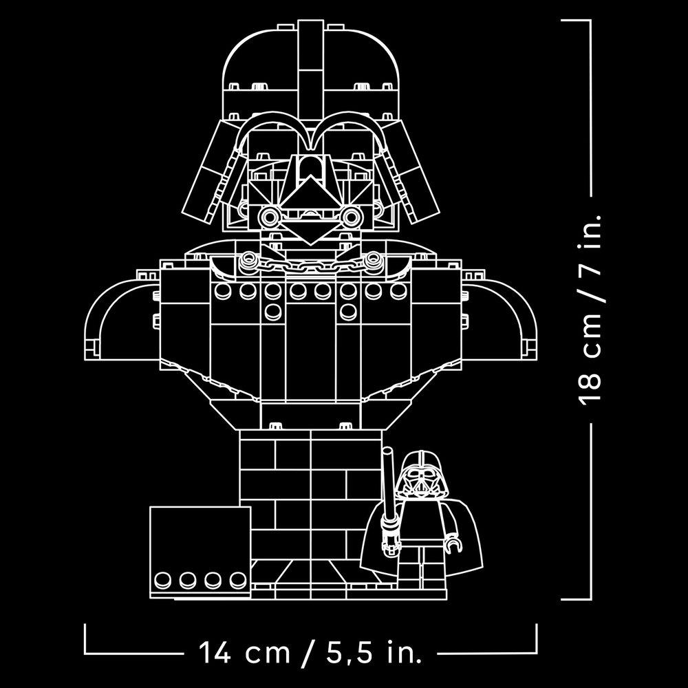 Eine weiße Zeichnung von Darth Vaders Helm und Körper, mit Maßen.