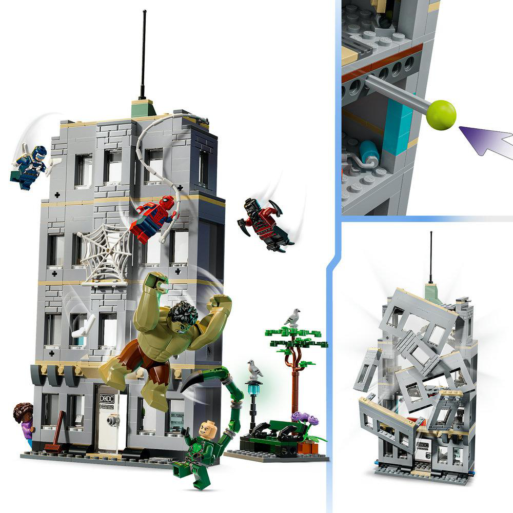 Lego-Superhelden-Set mit Hulk, Spider-Man, Green Goblin und anderen, die ein Gebäude angreifen.