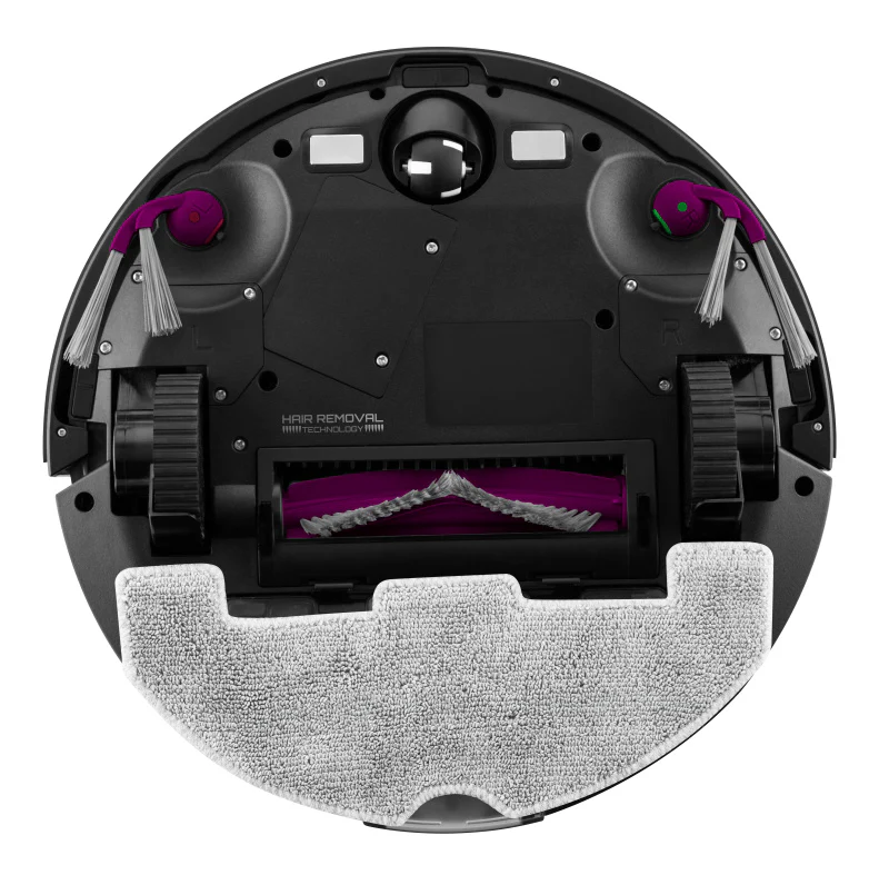 Fekete porszívó robot alja, kefékkel, kerekekkel és felmosóval.