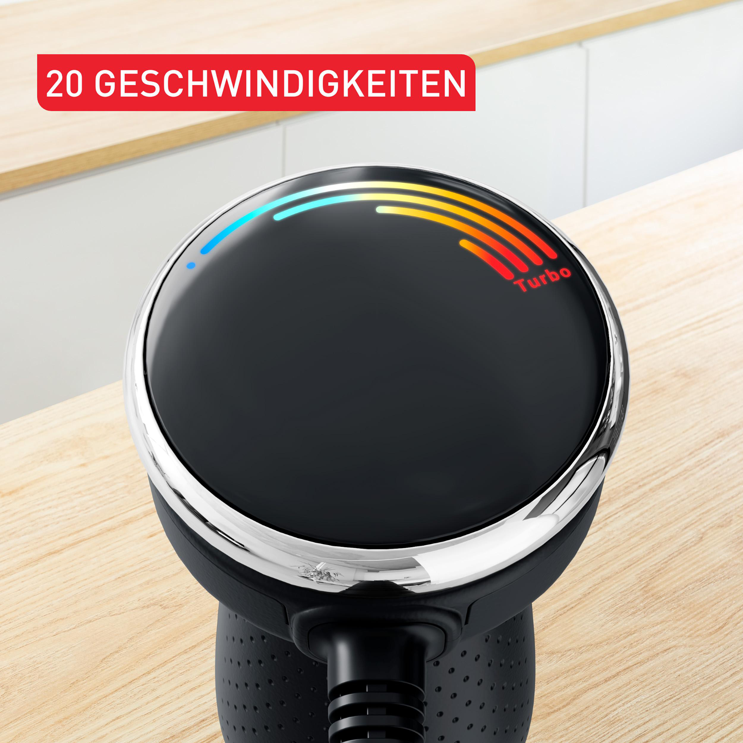 Schwarzer Stabmixer mit 20 Geschwindigkeitsstufen und Turbo-Funktion, beleuchtete Anzeige.