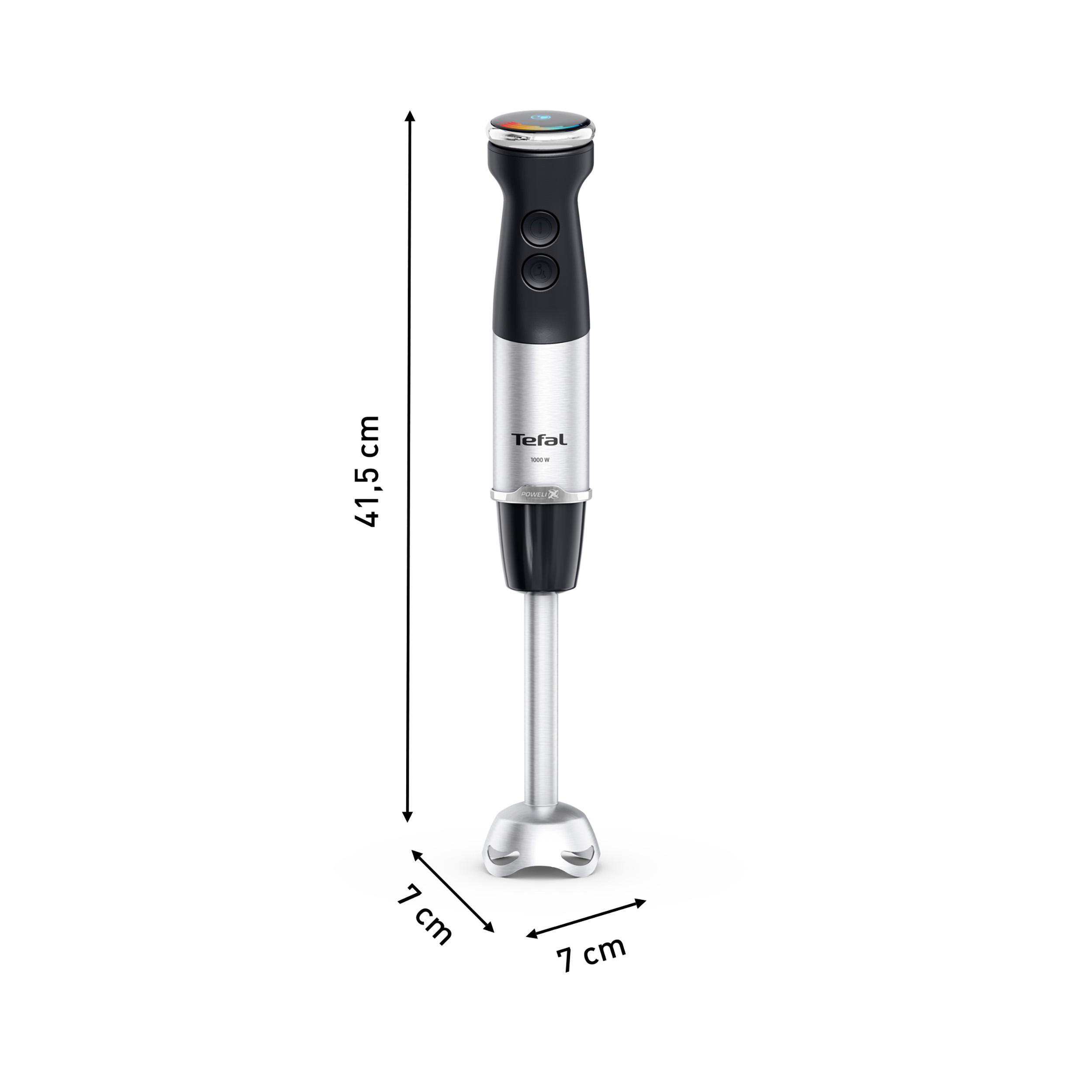Ein silberner und schwarzer Stabmixer mit 41,5 cm Höhe und 7 cm Breite.