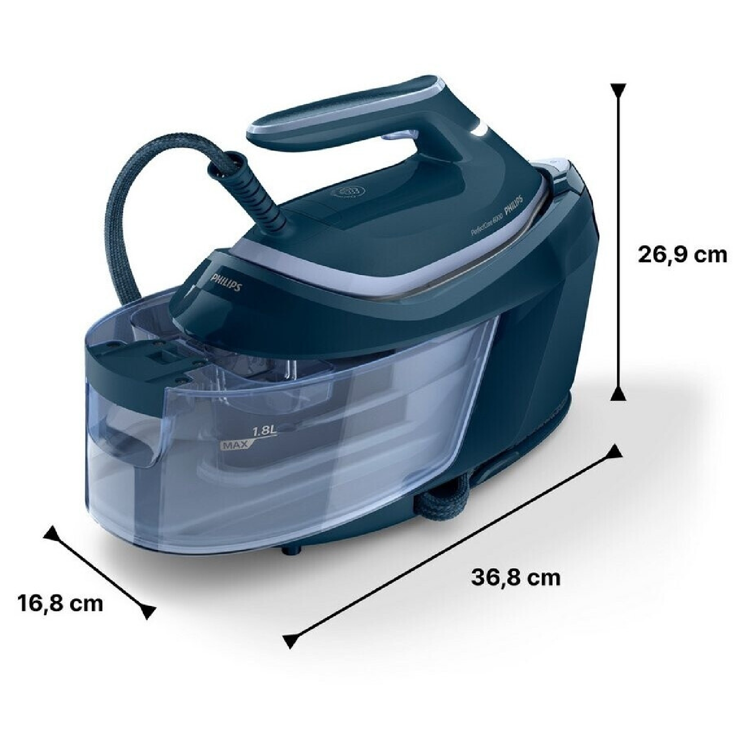 Plancha de vapor con depósito de agua y dimensiones: Al 26,9 cm, An 16,8 cm, La 36,8 cm.