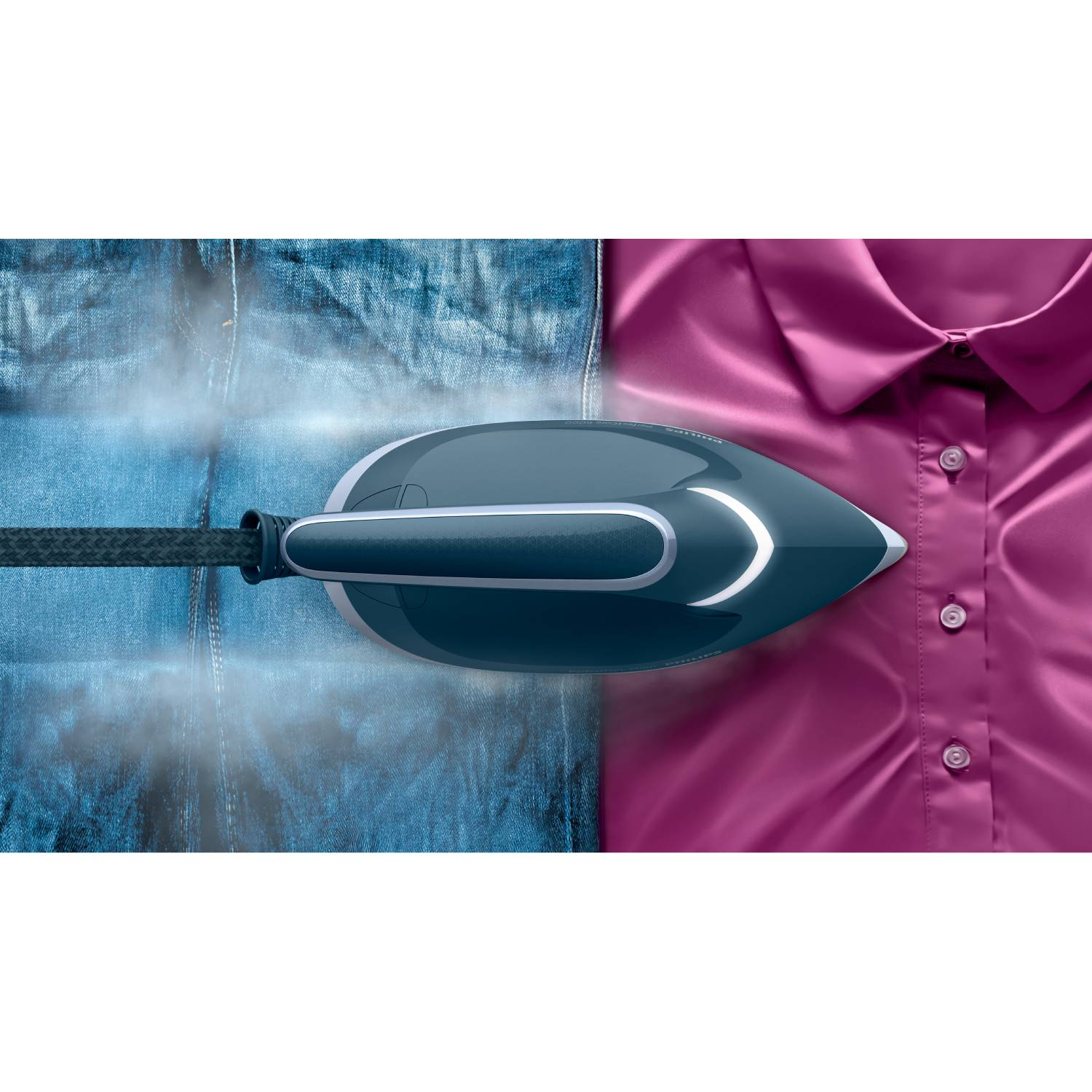 Plancha de vapor alisando una camisa rosa y jeans azules.