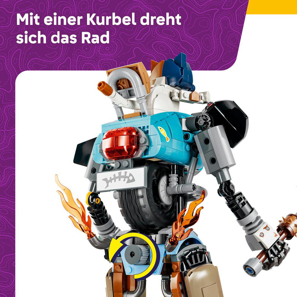 Ein buntes Lego-Robotermodell mit Flammenarmen und einem Rad.