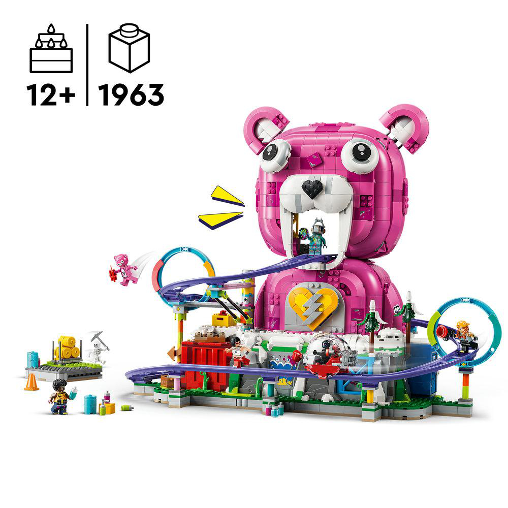 Ein rosa Lego-Bären-Spielset mit Achterbahn und Figuren.