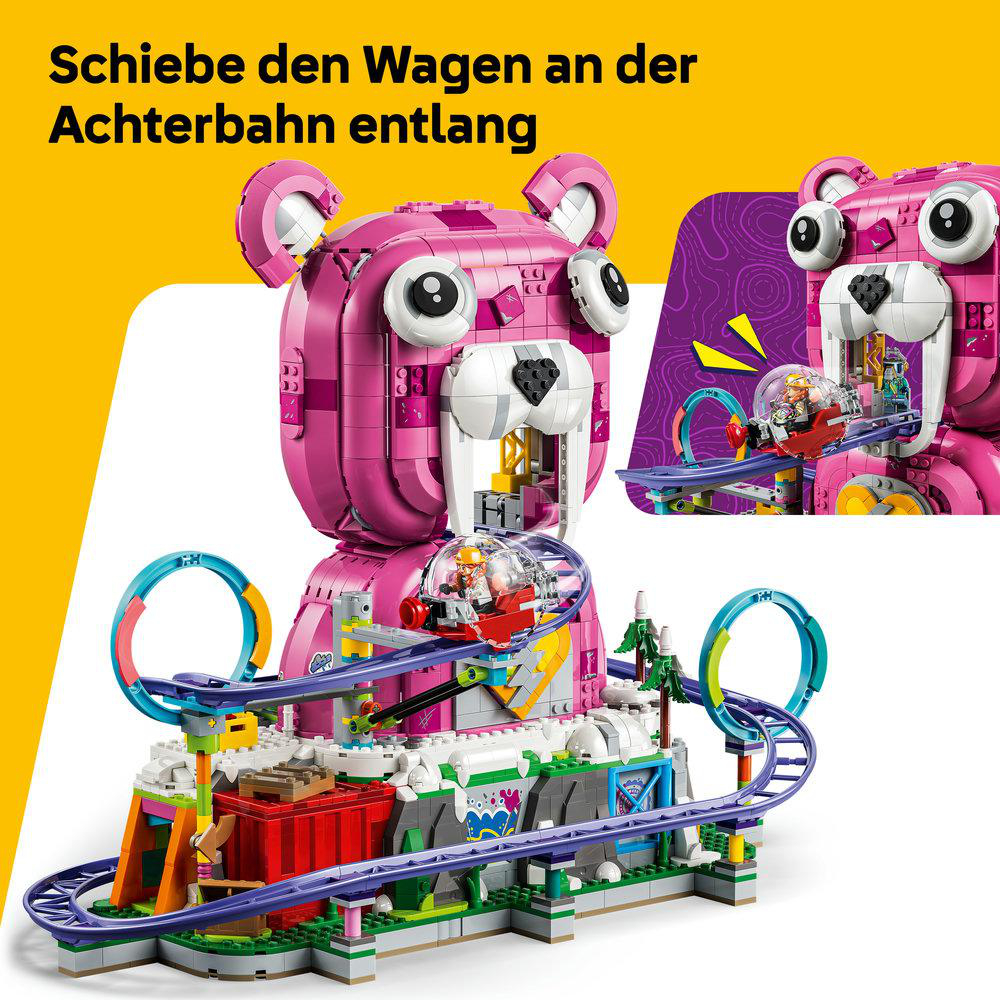 Pinker Bären-Achterbahn-Spielzeug mit Wagen und Figuren.