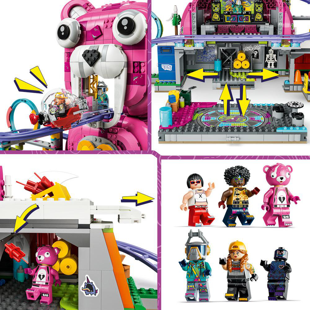 Vier Collagen zeigen bunte Lego-Sets mit Figuren und Fahrgeschäften.