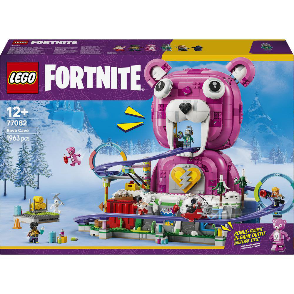 Lego Fortnite Rave Cave Set. Eine rosa Bärenstruktur mit Achterbahn und Minifiguren.