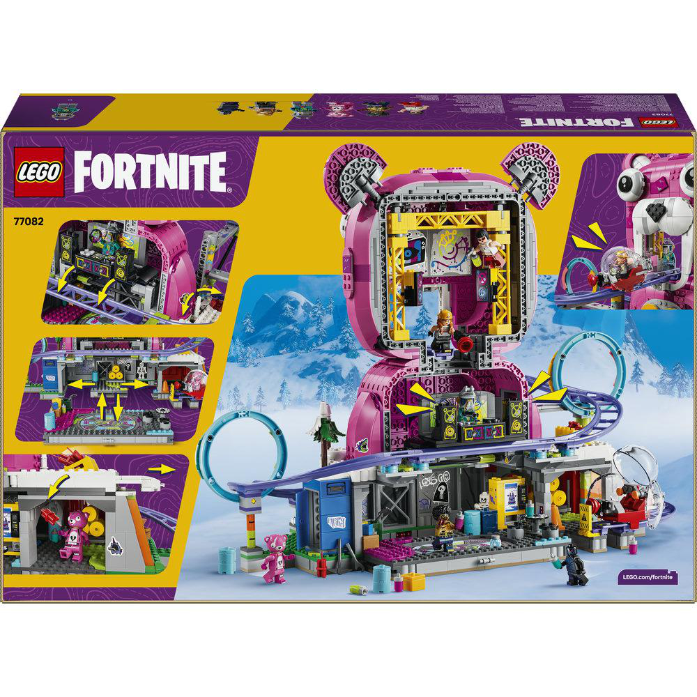 Lego Fortnite Bauspielzeug mit pinkem Teddybär-Gebäude und Figuren.