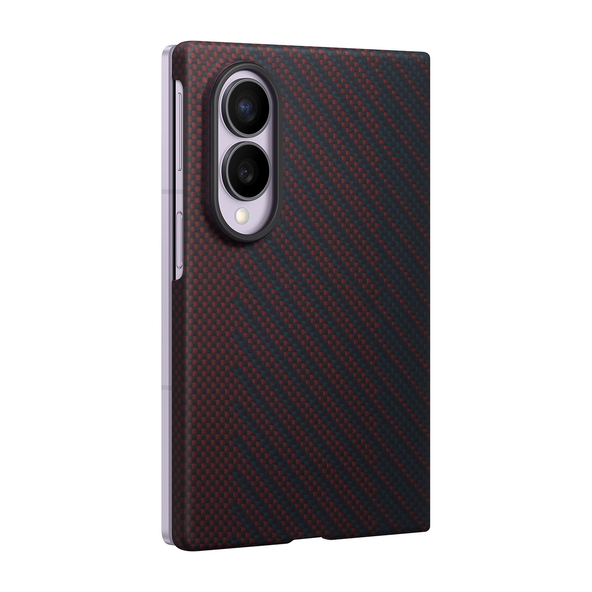 Kırmızı karbon fiber desenli siyah telefon kılıfı ve kamera modülü.