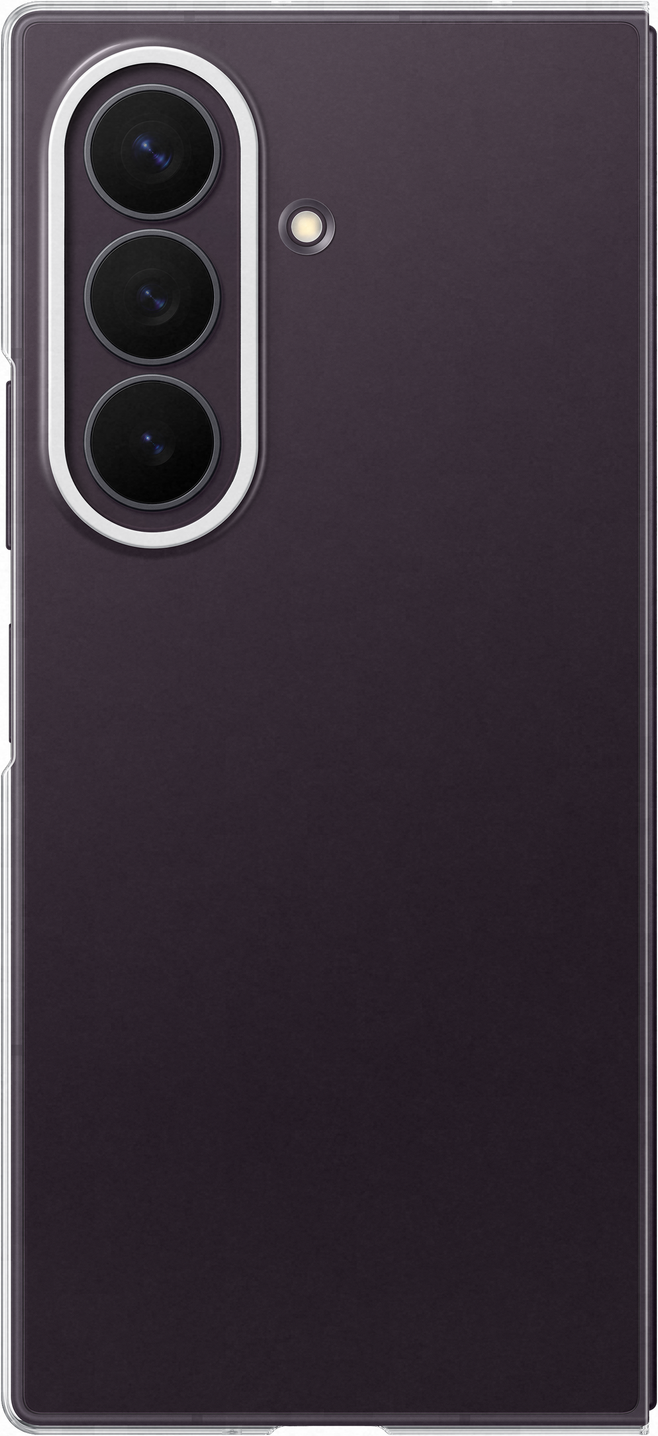Custodia viola scuro per telefono con tre fotocamere e flash.