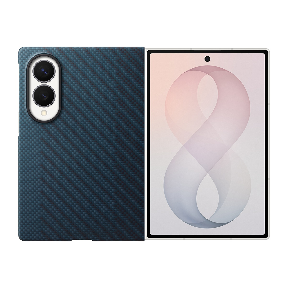 Mavi karbon fiber arka ve kameraya sahip katlanabilir telefon. Beyaz çerçeveli açık.
