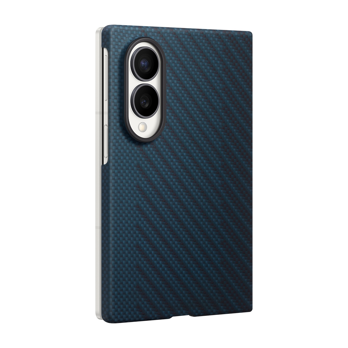 Karbon fiber desenli, iki kameralı koyu mavi telefon kılıfı.