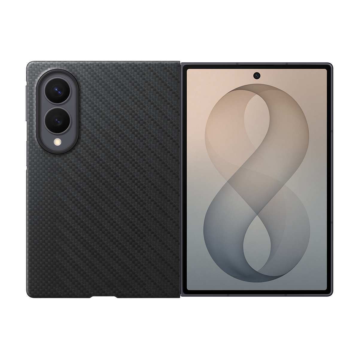 Arkası karbon fiber desenli, büyük ekranlı siyah katlanabilir telefon.