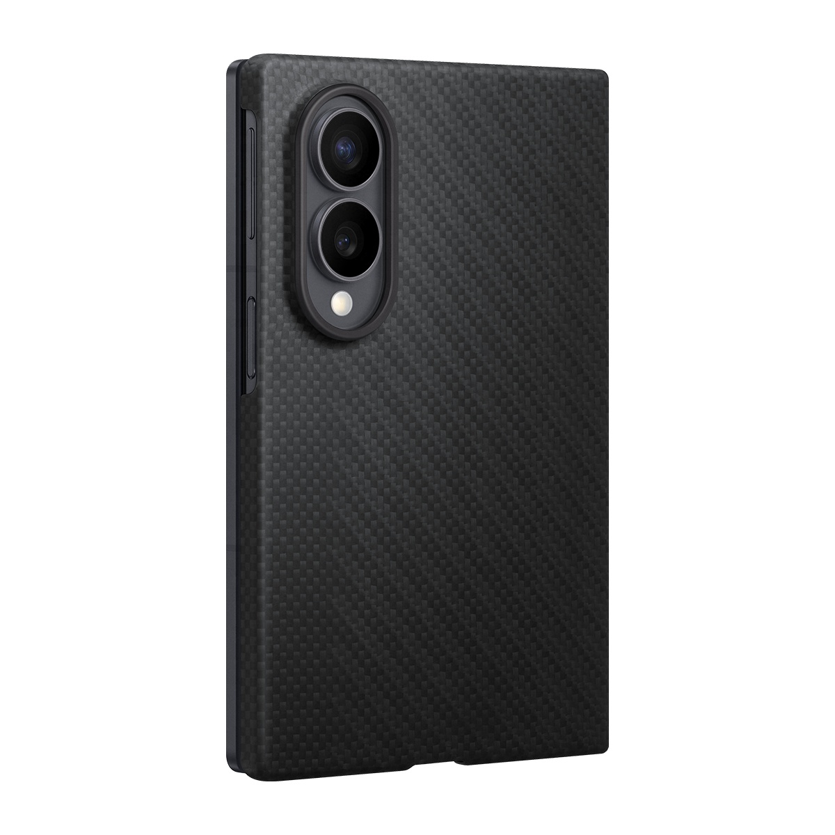 Karbon fiber desenli ve kamera lensli siyah akıllı telefon kılıfı.