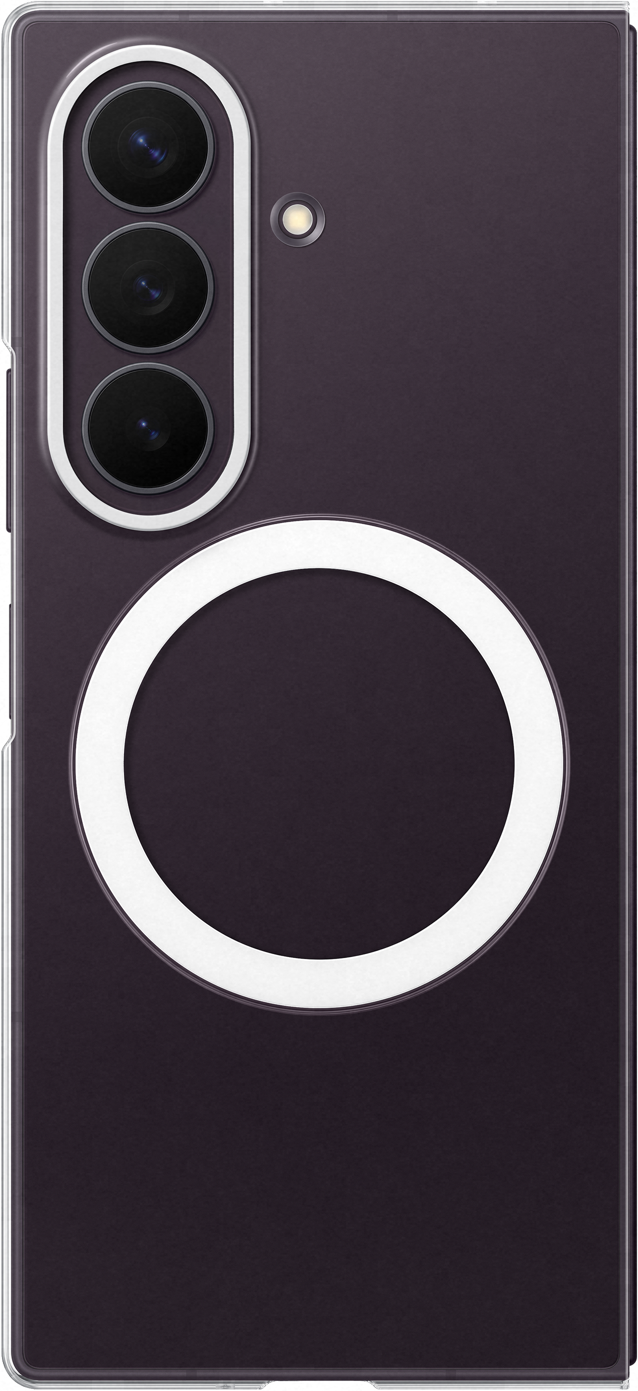 Custodia viola scuro con tre fotocamere e un anello bianco.