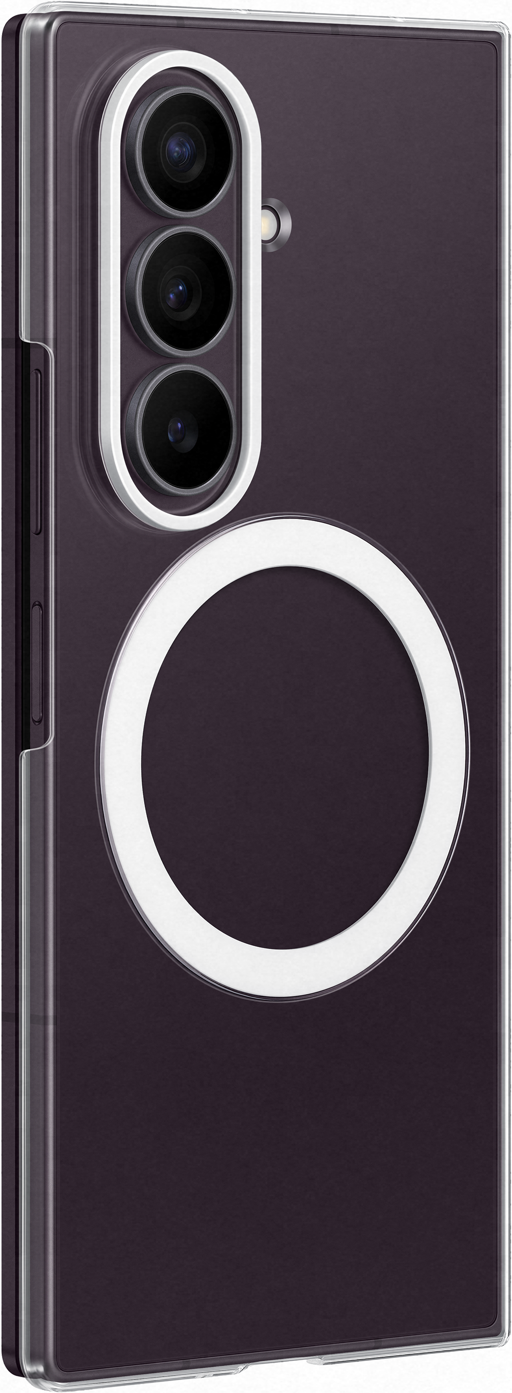 Retro di uno smartphone scuro con tre fotocamere e un anello bianco.