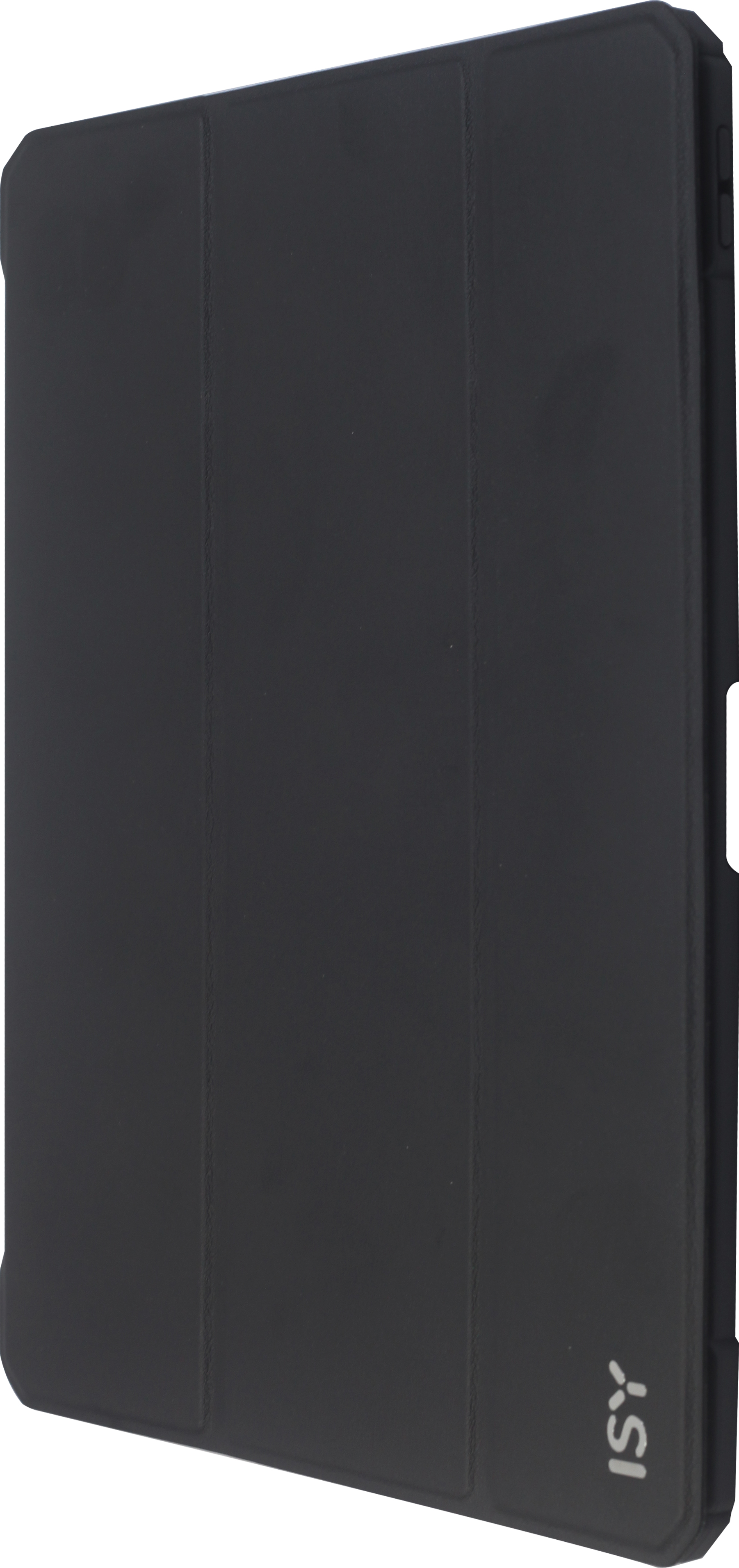 Schwarzer Tablet-Schutz mit ISY-Logo, geschlossen mit vertikalen Falten.