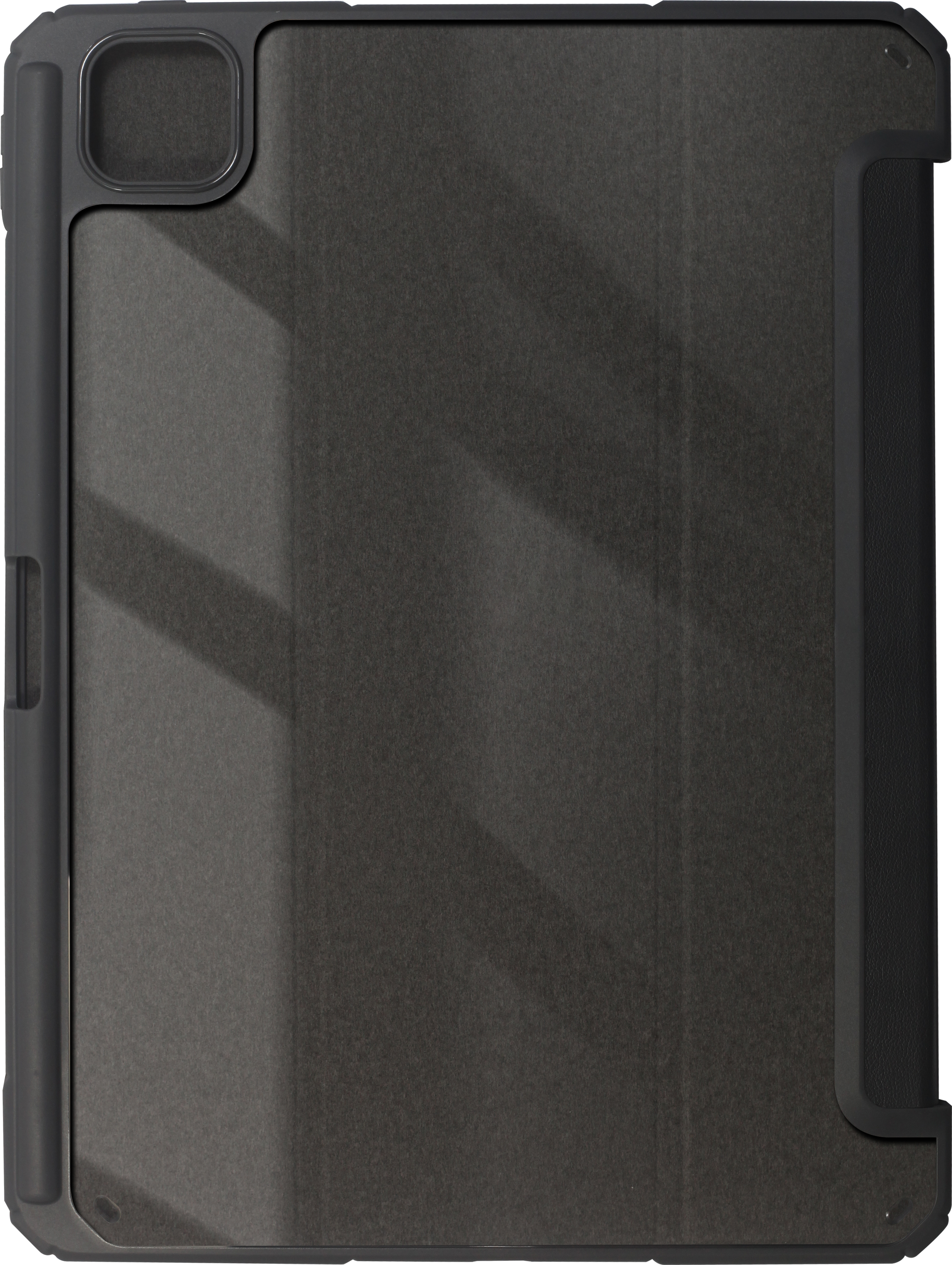 Dunkelgraues Tablet-Etui mit vertikalen Linien und Schatten. Kameraschneideloch oben links.