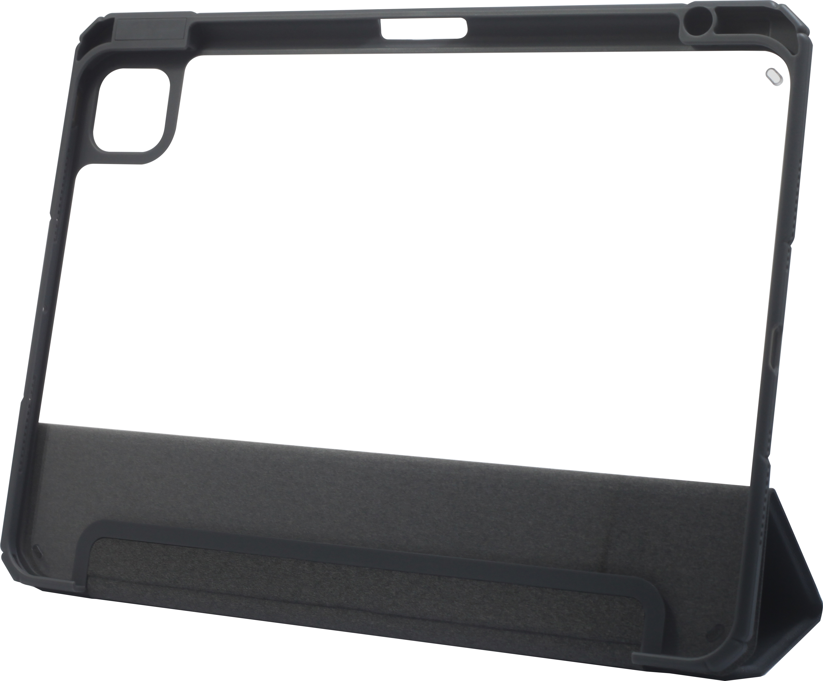 Dunkelgraues Tablet-Case mit transparenter Rückseite und integriertem Ständer.