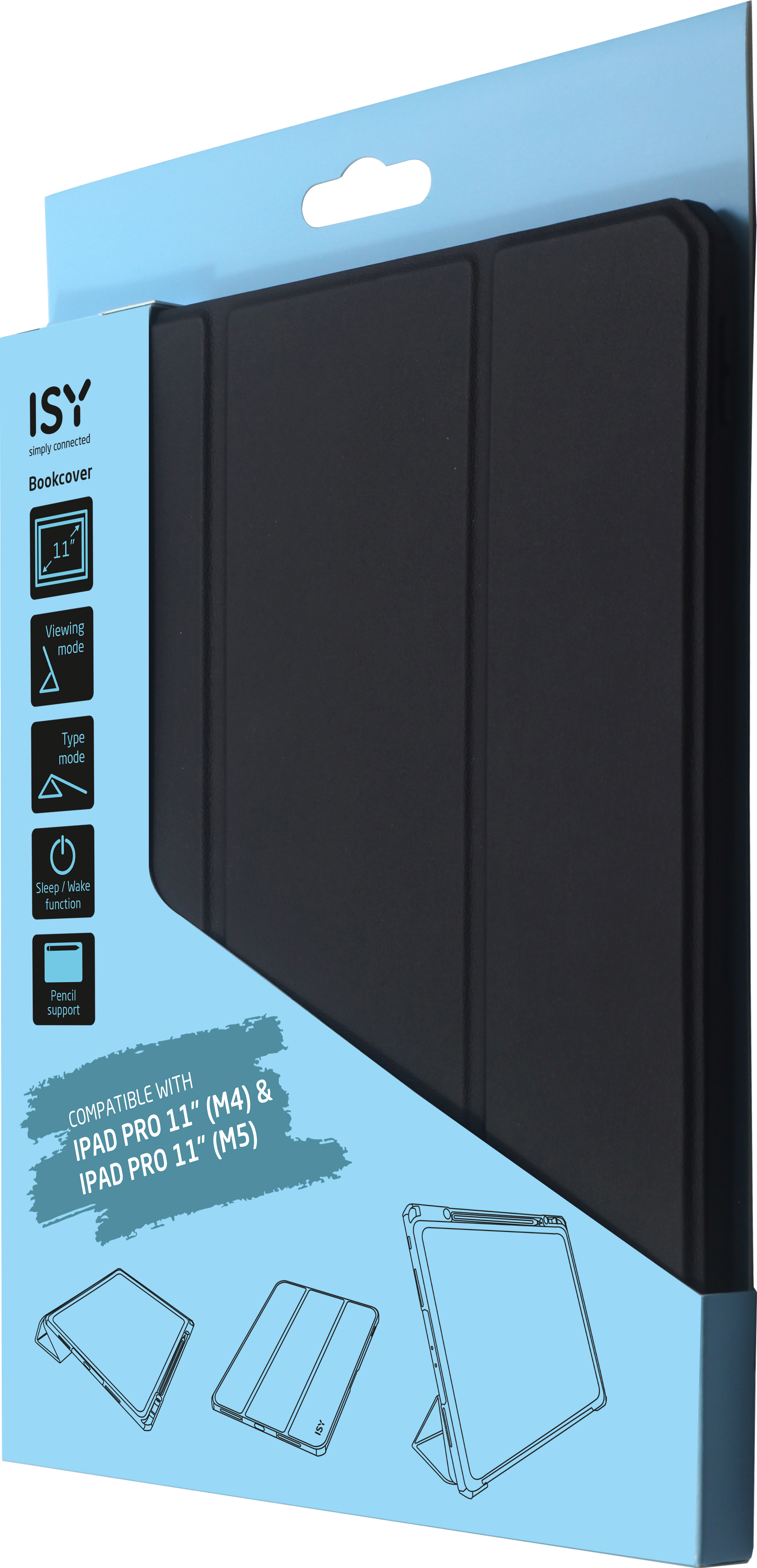 Eine schwarze Buchhülle für ein 11-Zoll iPad Pro, in blauer Verpackung mit Funktionssymbolen und Kompatibilitätsdetails.
