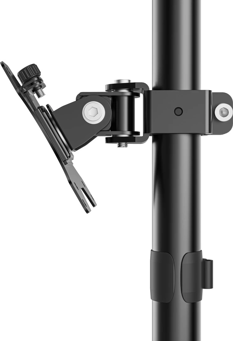 Schwarz verstellbarer Monitorarm mit Schrauben an schwarzem Mast befestigt.