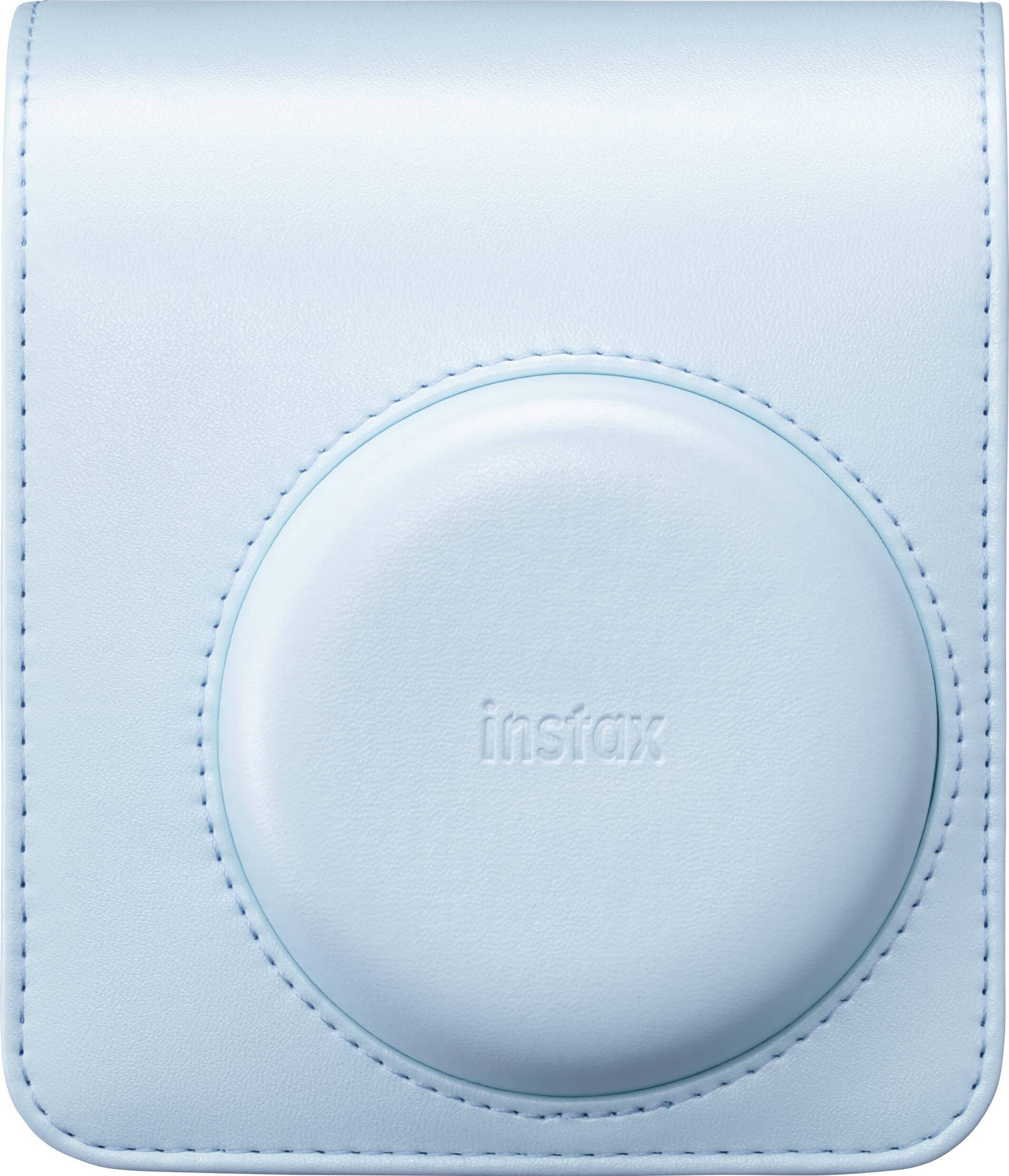 Étui d'appareil photo en cuir bleu clair avec logo "instax".