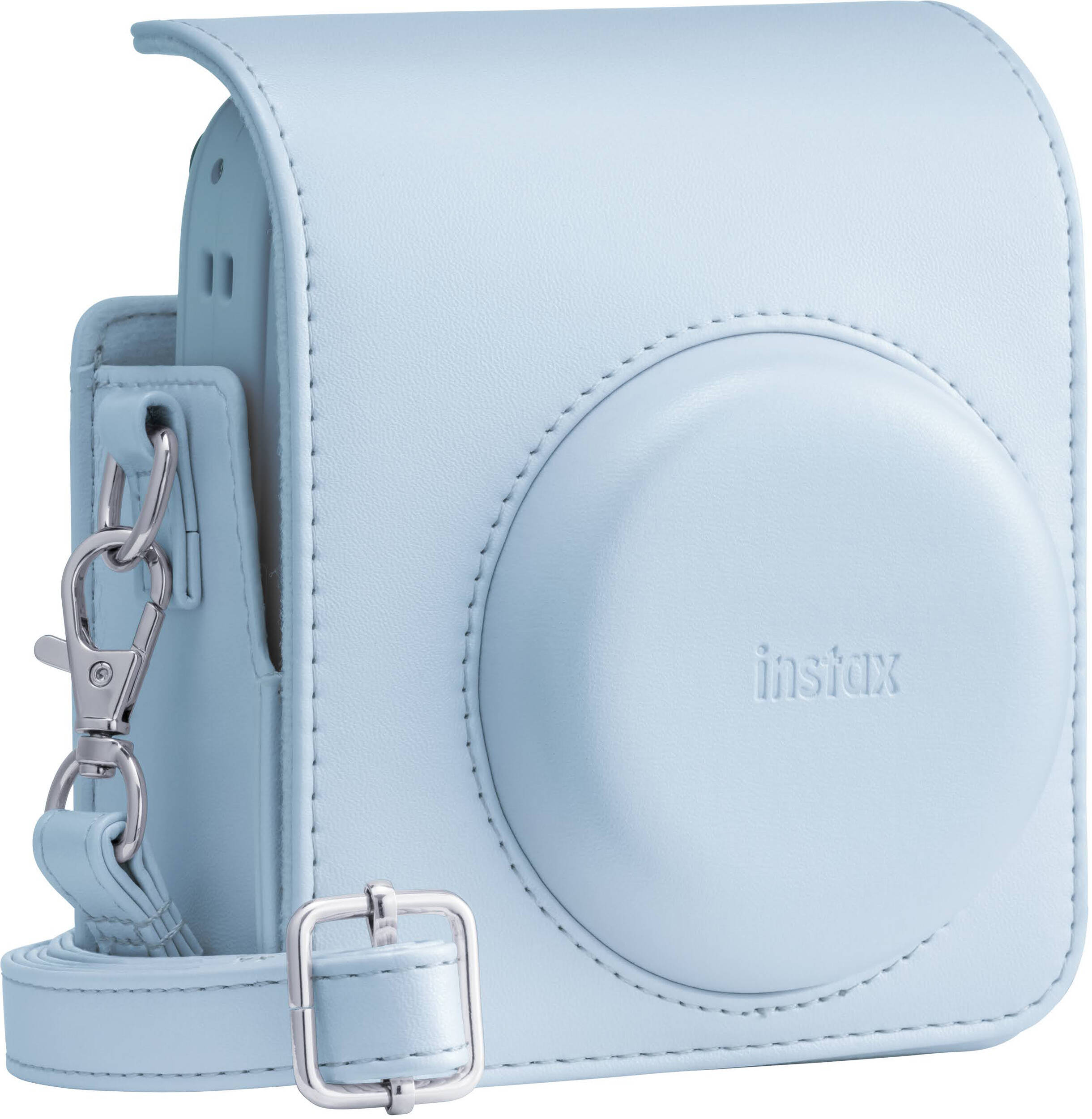 Étui d'appareil photo bleu clair en cuir avec fermoir métallique et sangle réglable.