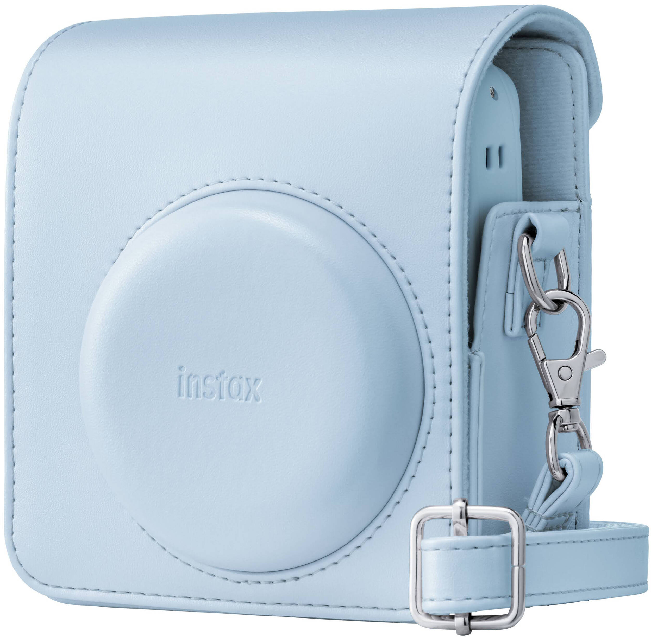 Un étui pour appareil photo bleu clair avec logo "instax" et matériel argenté.