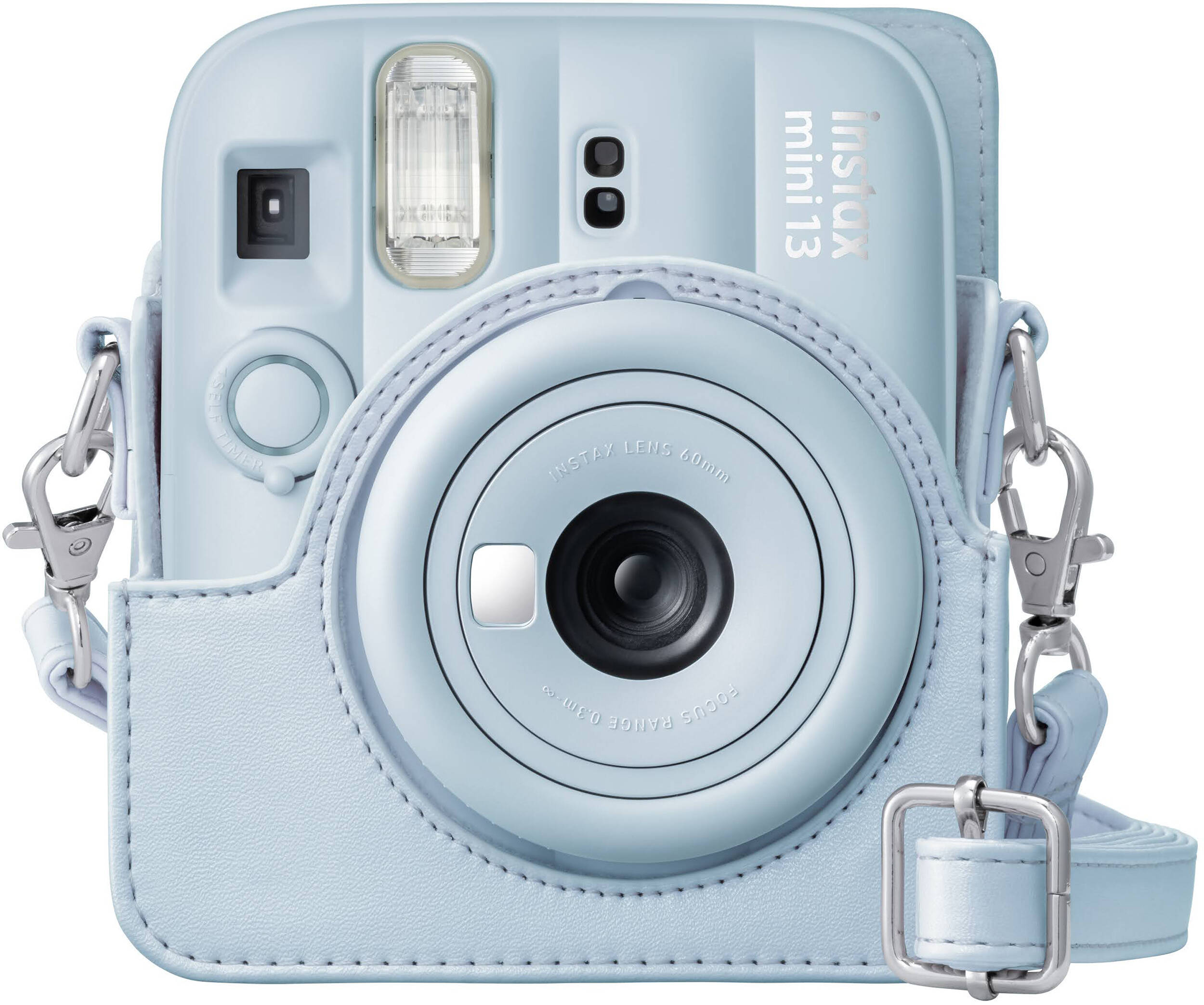 Un appareil photo instantané bleu clair avec un étui et une sangle en cuir assortis.