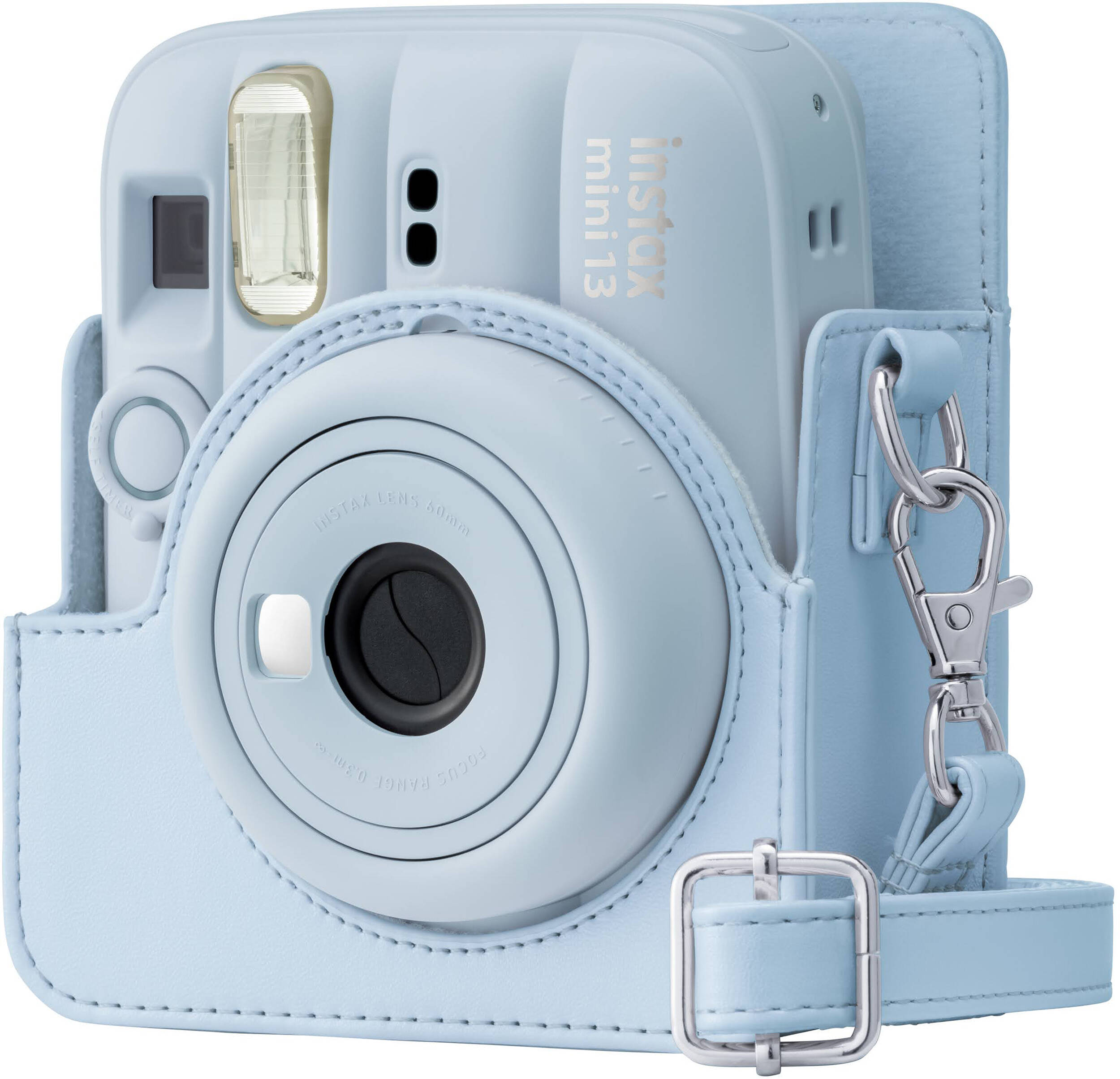 Un appareil photo instantané bleu clair avec étui et lanière assortis.