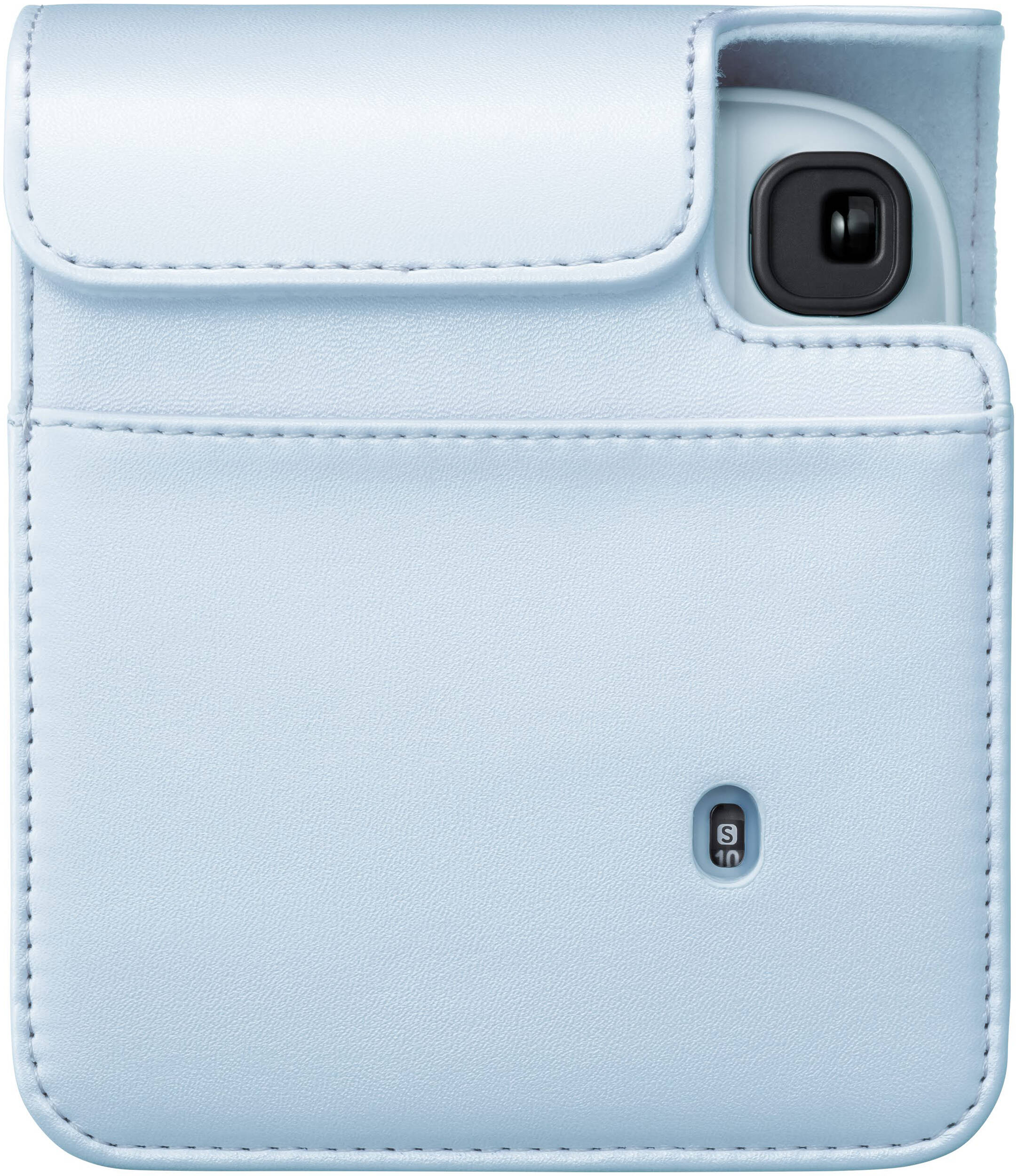 Étui d'appareil photo en cuir bleu clair avec objectif visible et logo 'S 10'.