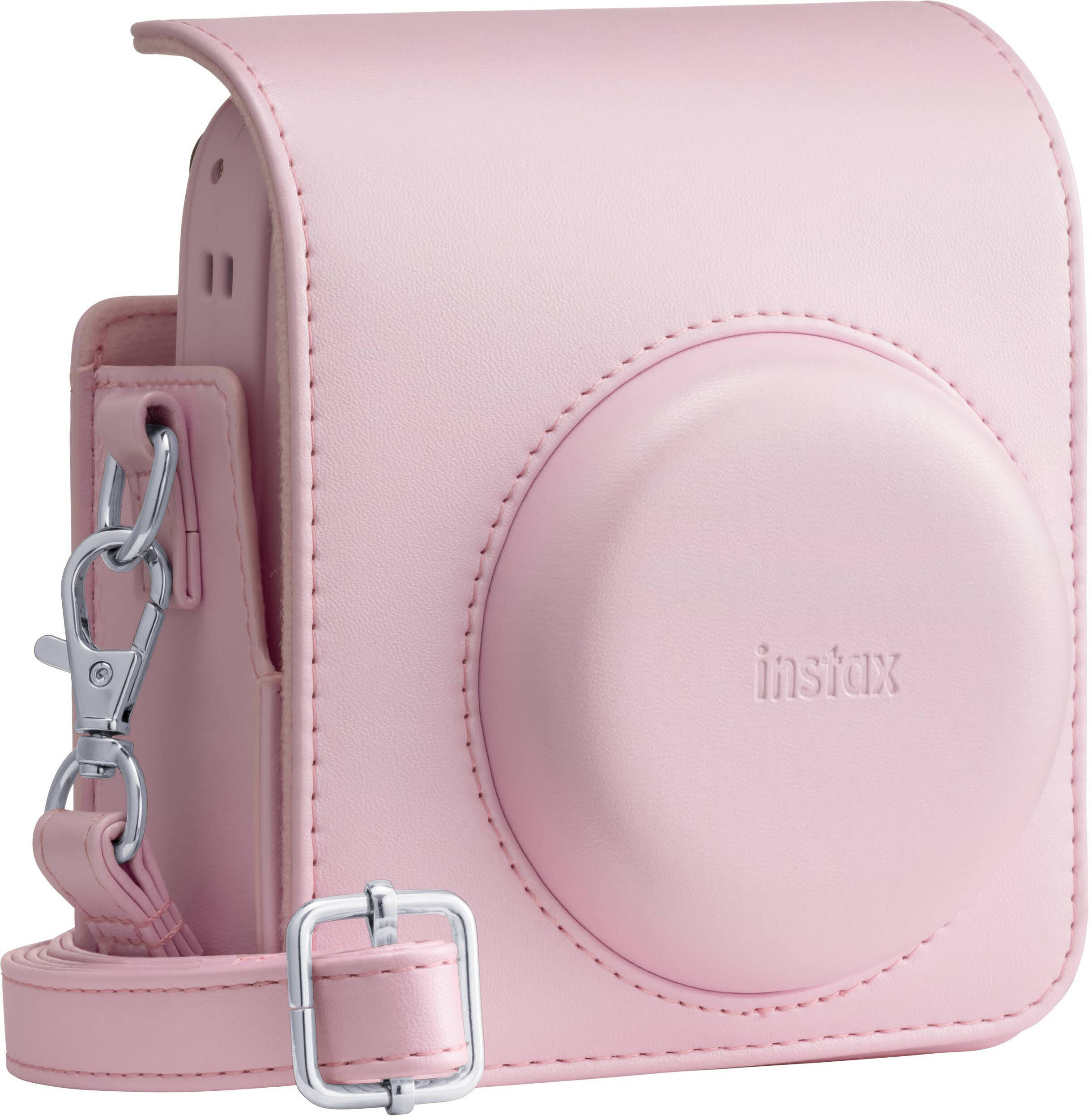 Un sac photo rose en cuir avec boucles argentées et une sangle.