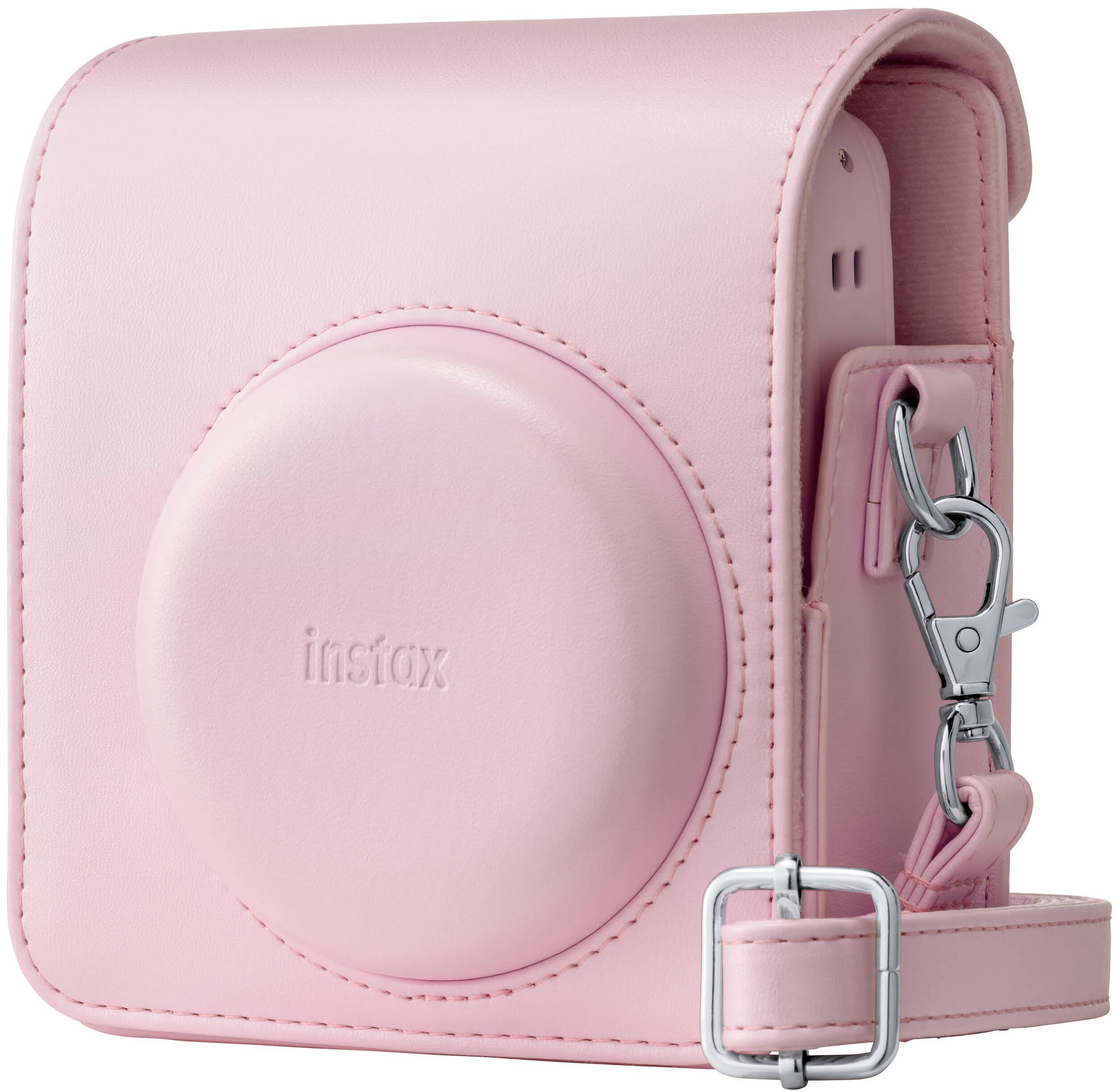Un étui d'appareil photo en cuir rose avec logo "instax" et fermoir argenté.
