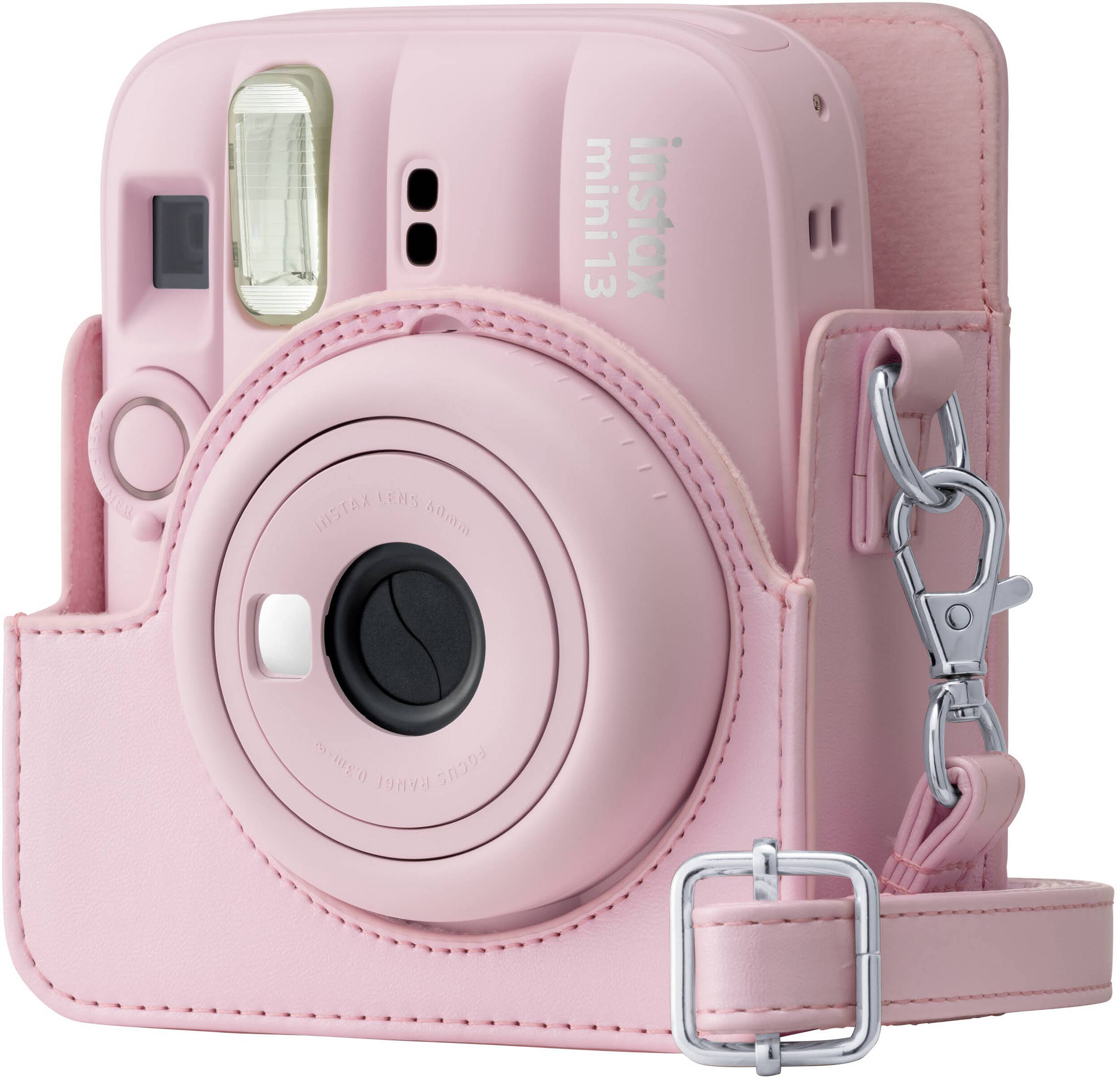 Un appareil photo Instax Mini 13 rose avec un étui en cuir assorti et une sangle argentée.