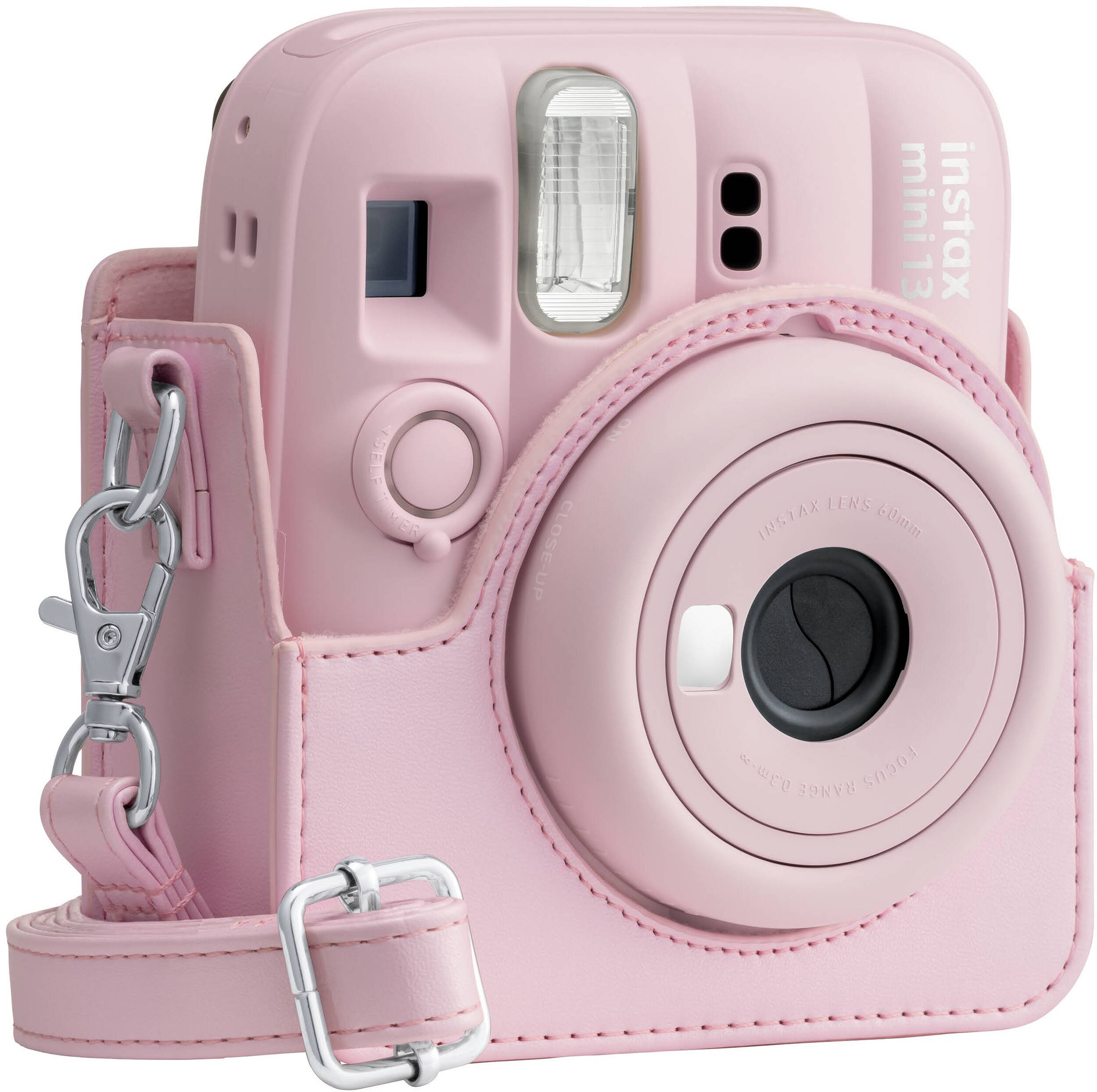 Un appareil photo Instax Mini 12 rose dans un étui et une sangle en cuir assortis.