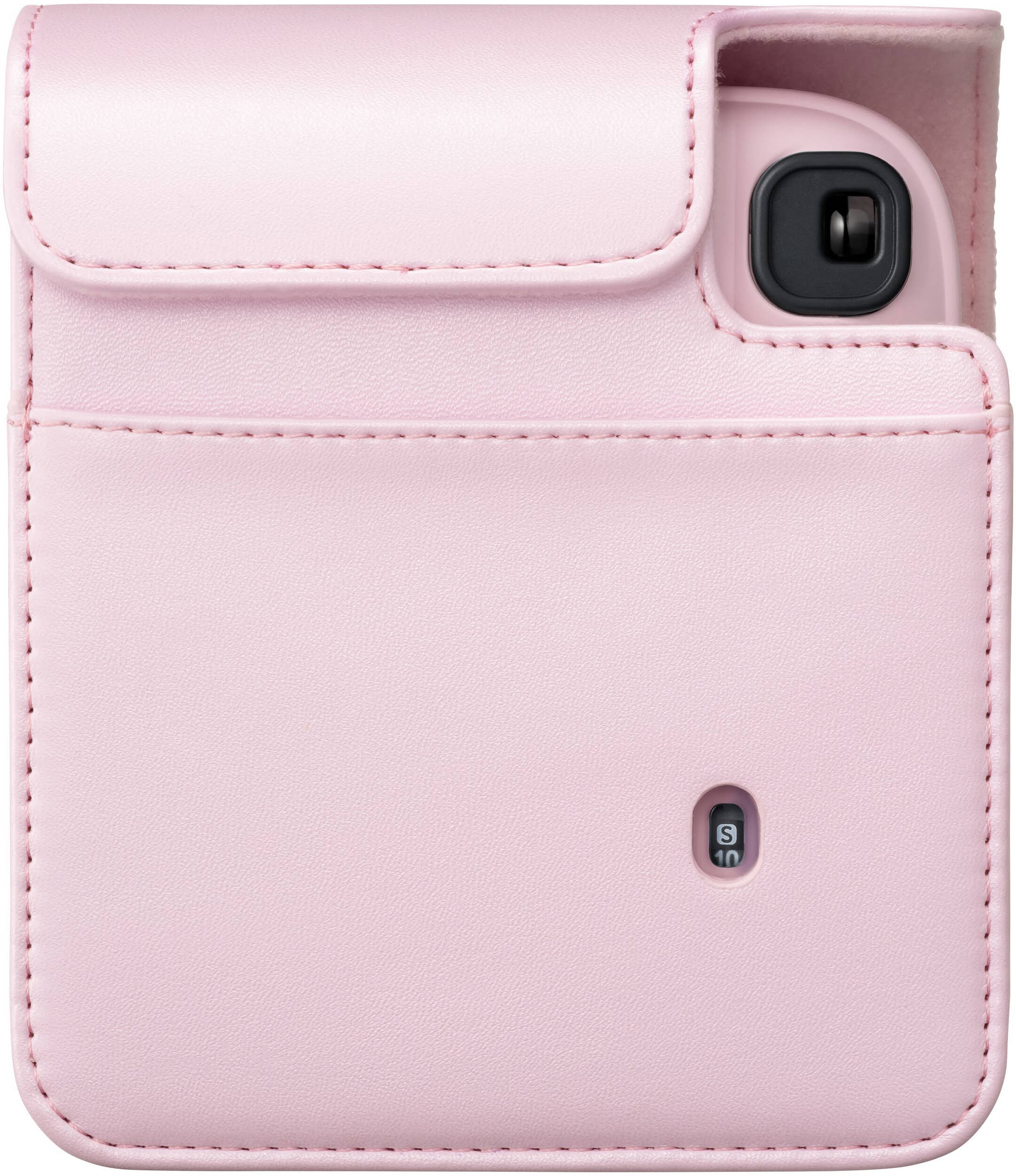 Un étui en cuir rose pour un appareil photo montrant le viseur.
