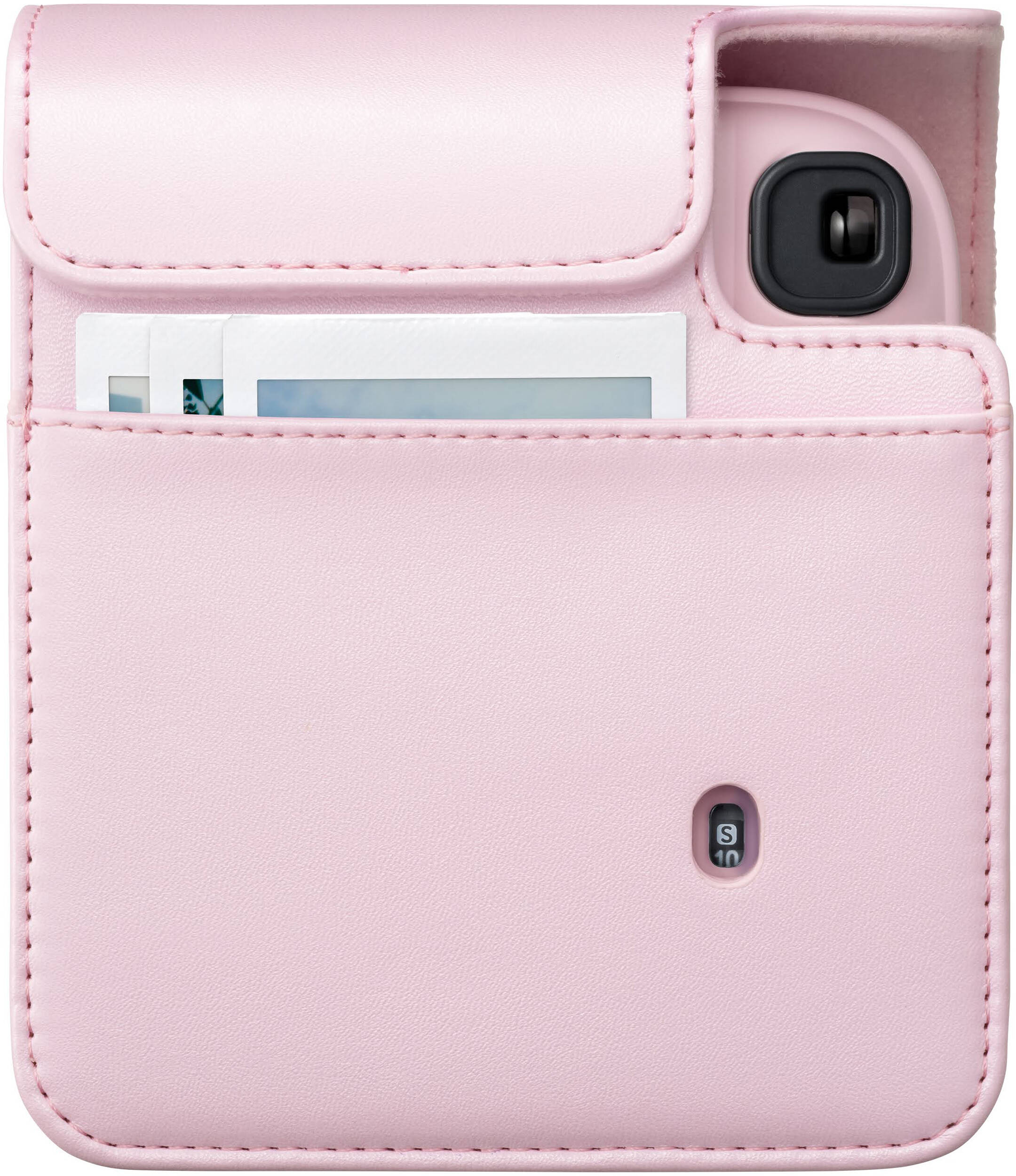 Un étui pour appareil photo rose en cuir avec des fentes pour photos.