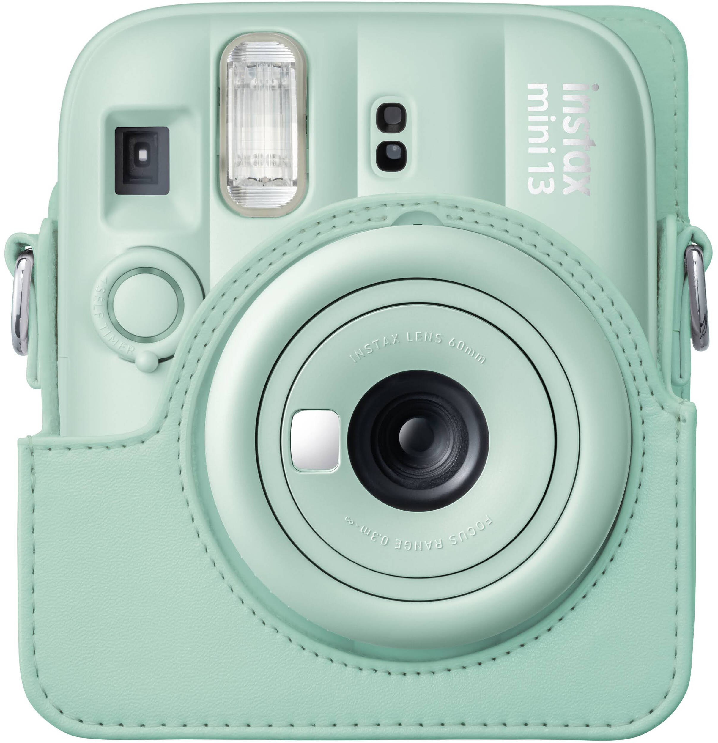Un appareil photo instantané vert clair avec étui de protection.