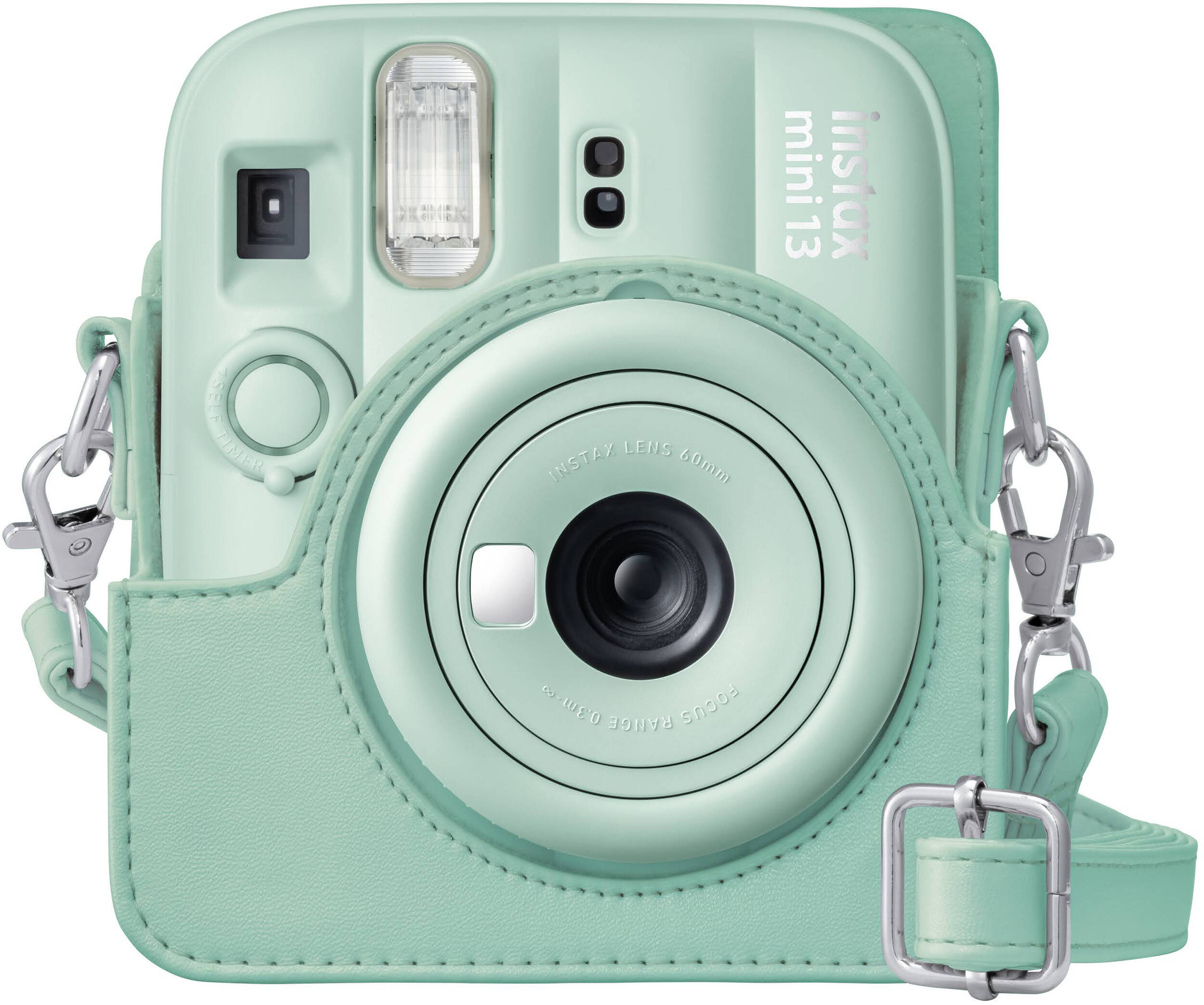 Un appareil photo instantané vert menthe avec étui et bandoulière assortis.