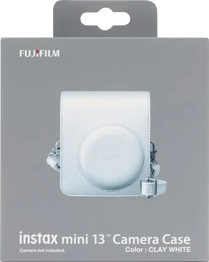 Étui blanc en cuir pour appareil photo Fujifilm Instax Mini 13 sur emballage gris.